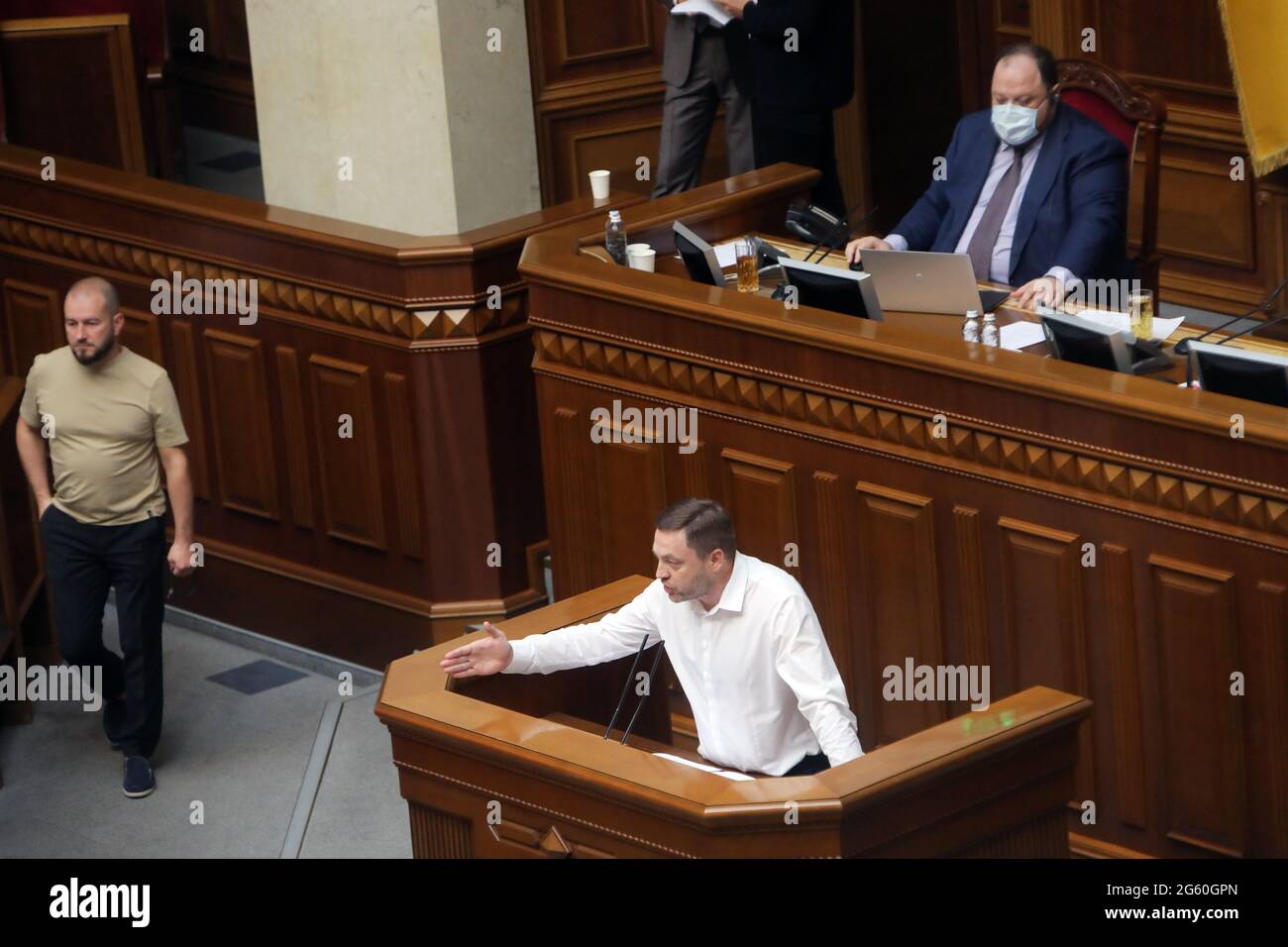 KYIV, UKRAINE - JULY 1, 2021 - Servant of the People MP Denys Monastyrskyi speaks from the rostrum during a regular sitting of the Ukrainian parliamen Stock Photo