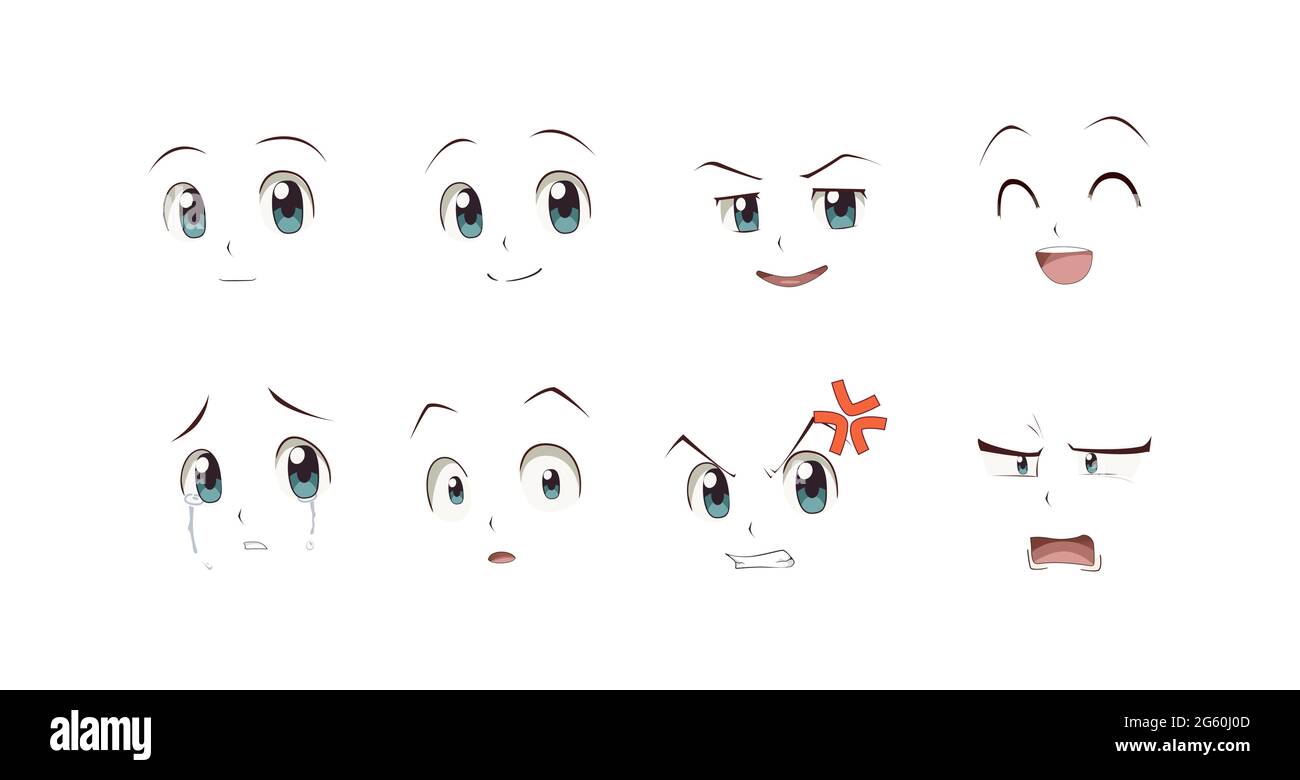 Anime manga expressions eyes set boy. Japanese cartoon style Stock