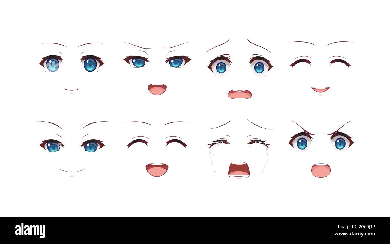 Manga Expression. Anime Girl Facial Expressions. Eyes, Mouth And Nose,  Eyebrows In Japanese Style. Manga Woman Emotions Cartoon Vector Set.  Illustration Character Manga Facial Girl, Cute Expression Royalty Free SVG,  Cliparts, Vectors