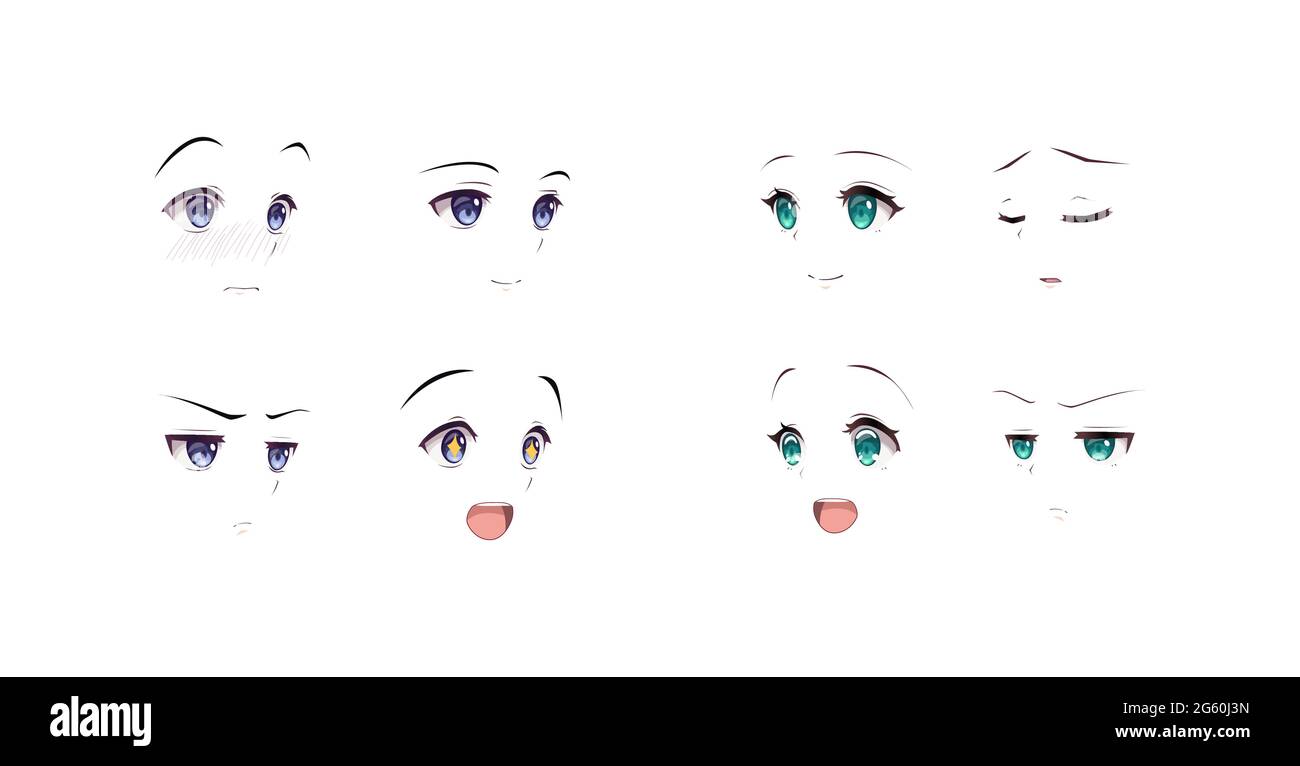 Manga expression. Anime girl facial expressions. Eyes, mouth