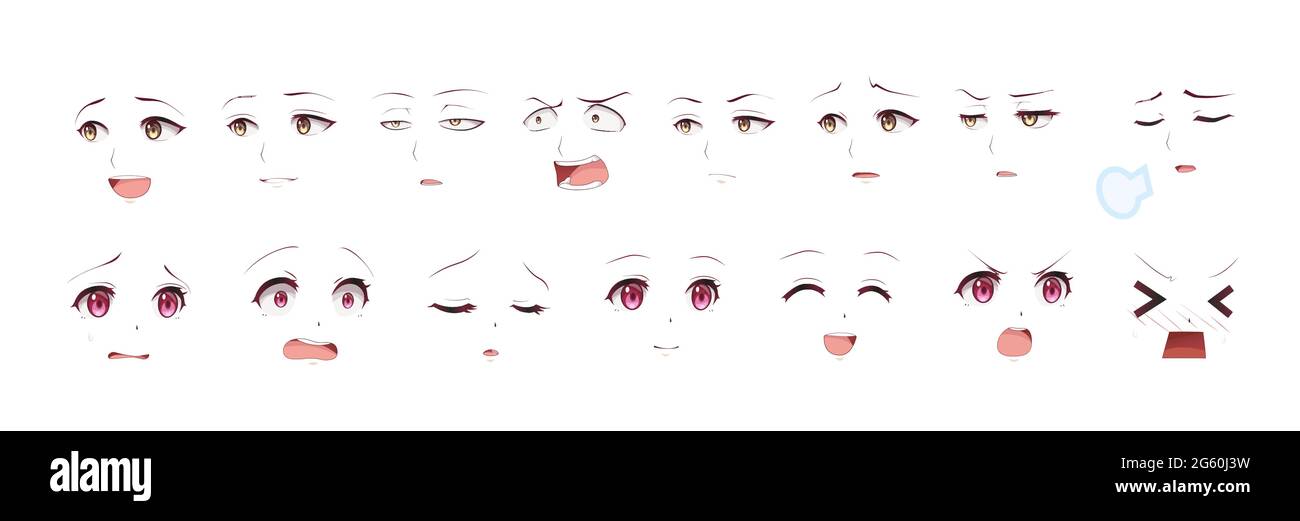 Set of Cartoon Anime Eyes, Anime Style Expressions. Kawaii Cute eyes.  Different Eyes, Joy. Anger. Calmness. Anime girl in Japanese. Anime style,  drawn illustration Set Stock Vector