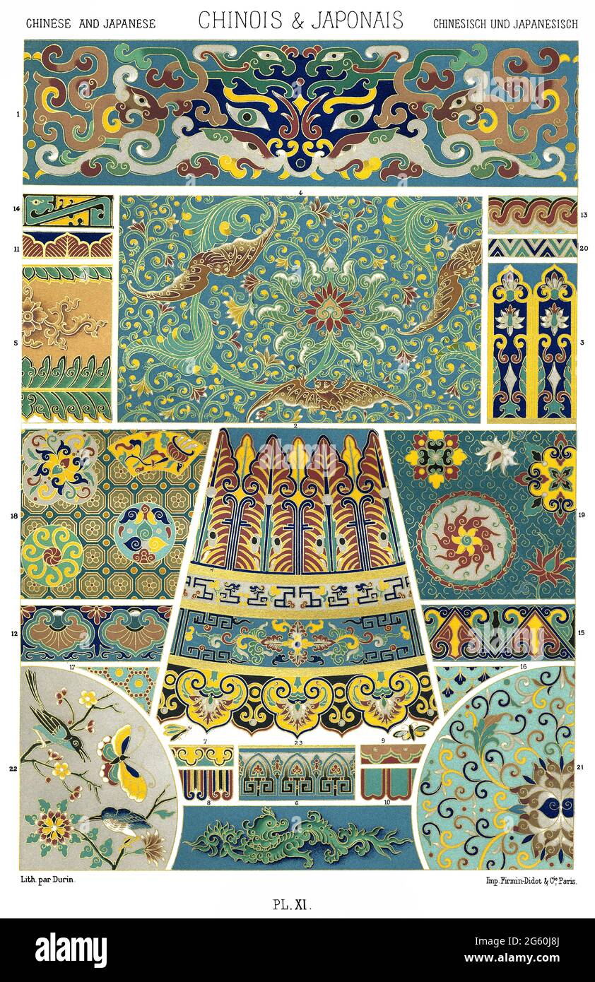 Chinese and Japanese Art -  Compartmentalized Enamels -Both, belong to the same style, in art of ornamentation - By The Ornament 1880. Stock Photo