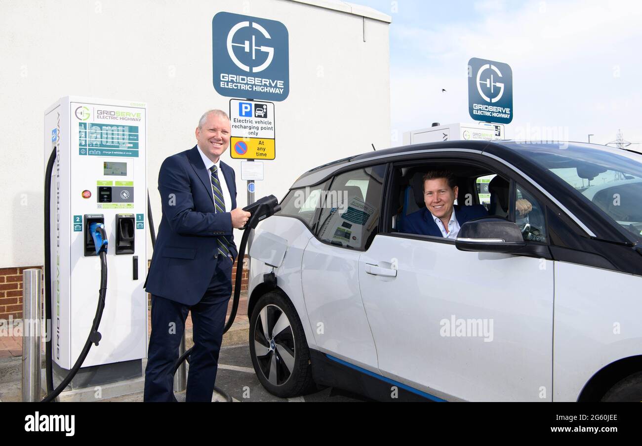 EDITORIAL USE ONLY (Left to right) Ken McMeikan CEO of MOTO and Toddington  Harper, Founder and CEO GRIDSERVE attend the launch of ???Electric  Highway??? at Toddington Services, a UK-wide network of more