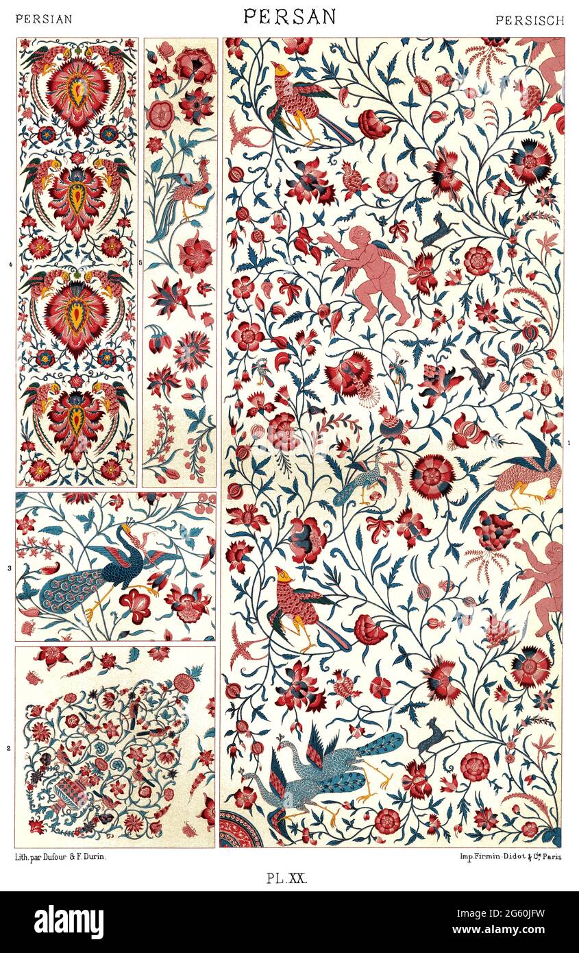Persian Art - Printed Canvases - Figures of Flowers and Animals - By The Ornament 1880. Stock Photo