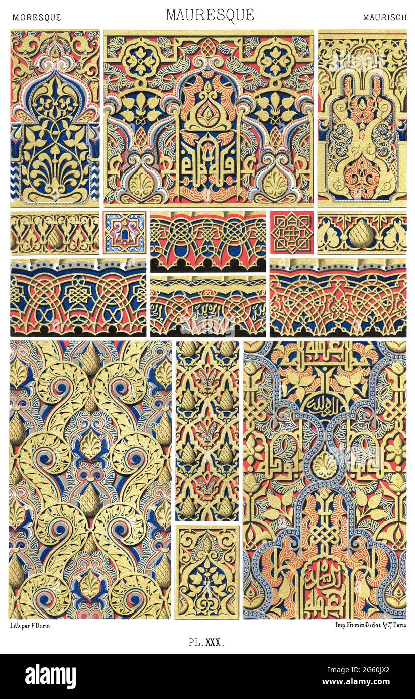 Moorish Art -  Architectural Decoration - Various motifs the Alhambra, Byzantine style etc. - By The Ornament 1880. Stock Photo