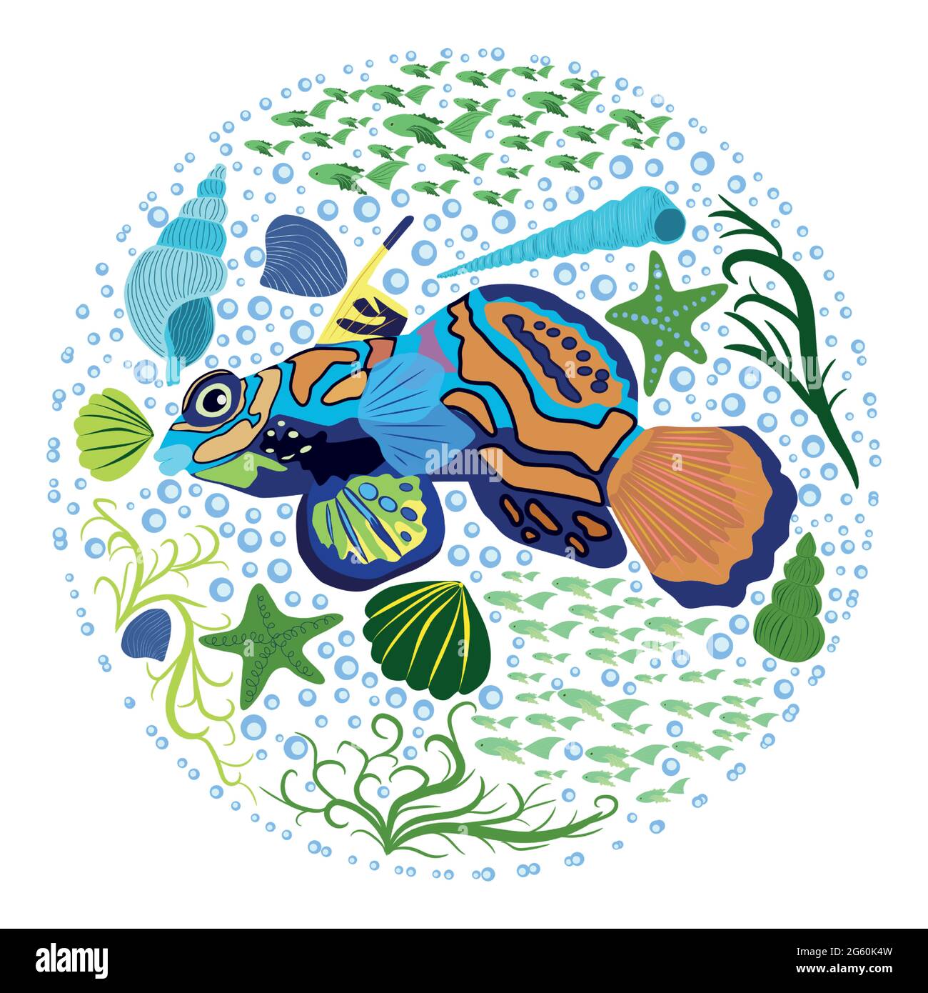 Mandarin fish beautiful character among seashells, seaweed, starfish, Scandinavian style, hand drawn. Stock Vector