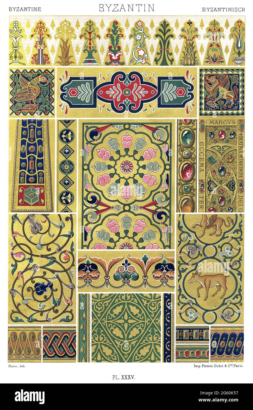 Art Byzantin - Mosaics, Filigree. Enamels and Embroideries - Mosaic from Ziza chapel, frescoes of monastery at Tréhizonde etc. - By The Ornament 1880. Stock Photo
