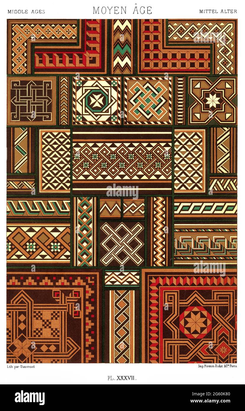 Middle Age - Marquetry, XIV and XV Centuries - Ivory Mosaics, Ivory Boxes. Wood from an Altarpiece  etc. - By The Ornament 1880. Stock Photo