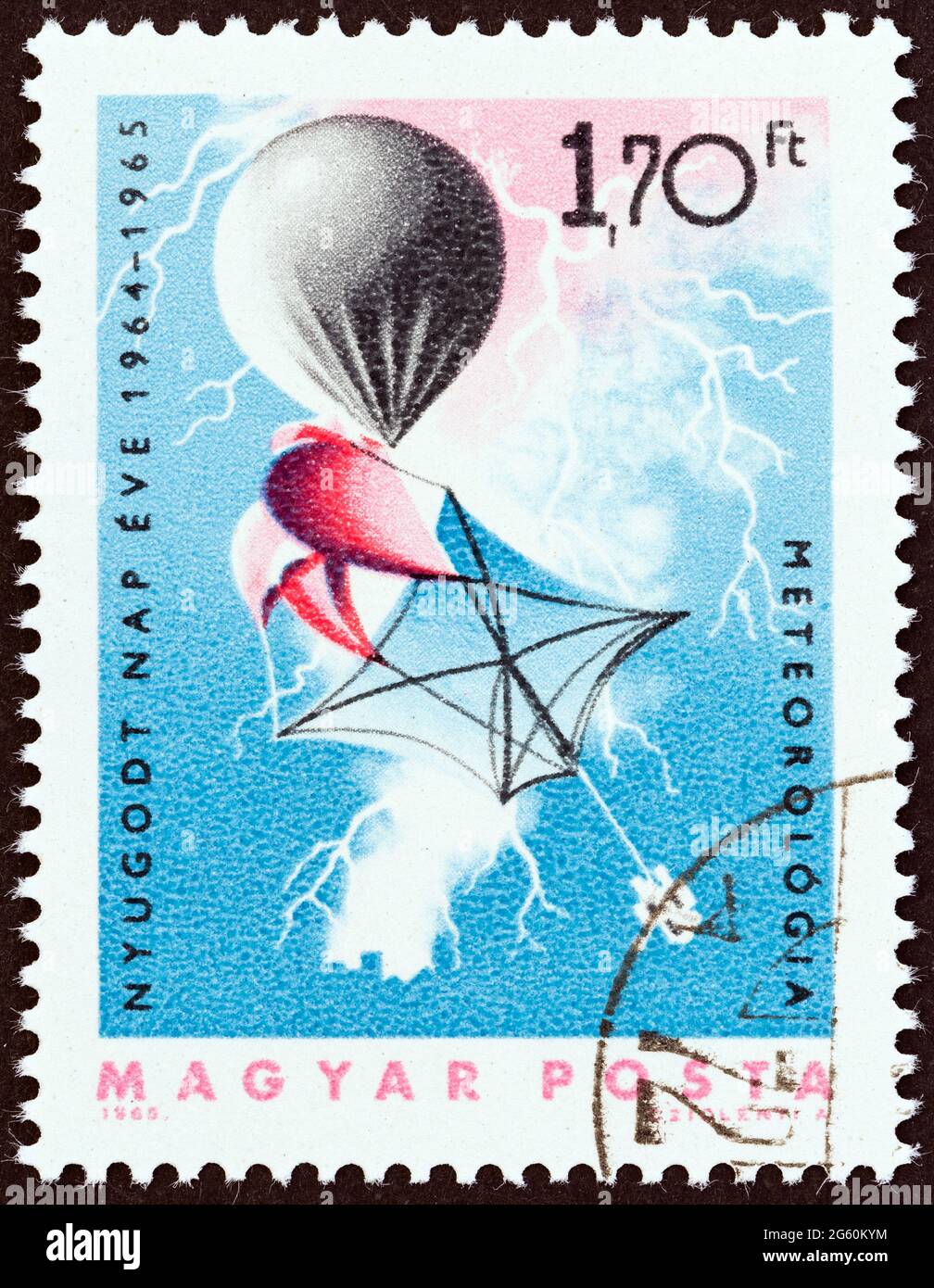 HUNGARY - CIRCA 1965: A stamp printed in Hungary from the 'International Quiet Sun Year' issue shows Weather balloon, circa 1965. Stock Photo