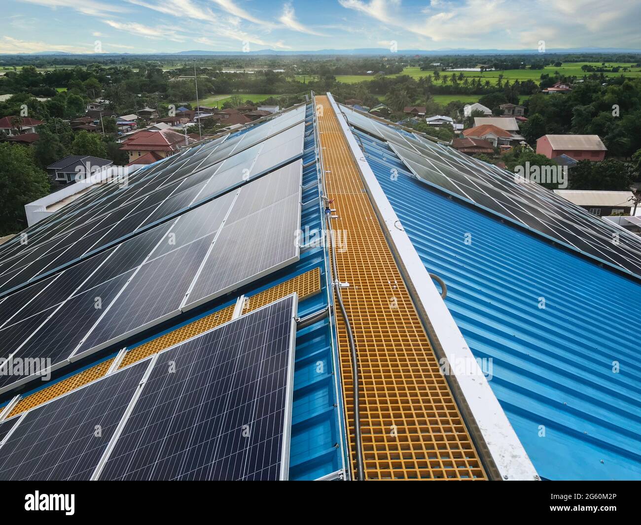 Solar panels on the roof or Photovoltaic panels in front of in the community area, solar power, Photo from smart phone Stock Photo