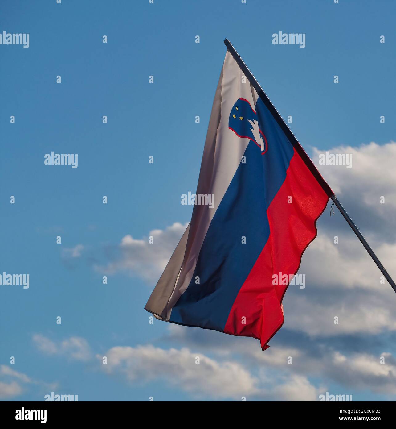 Flag of Slovenia waving in the sky Stock Photo