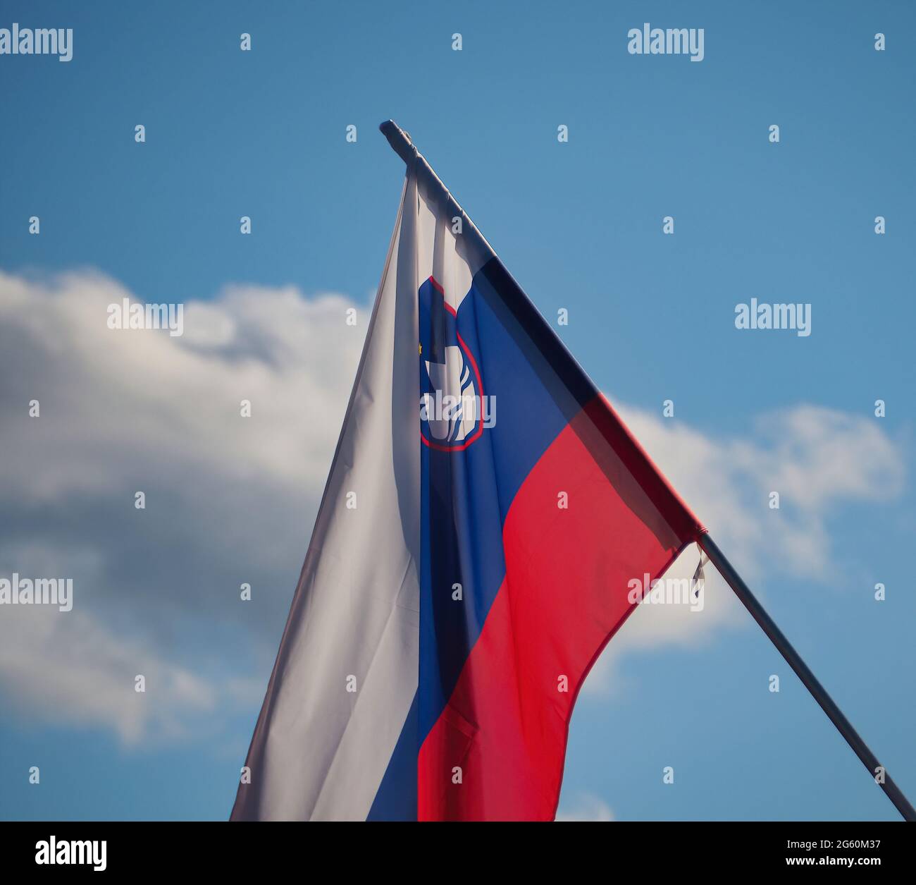 Flag of Slovenia waving in the sky Stock Photo