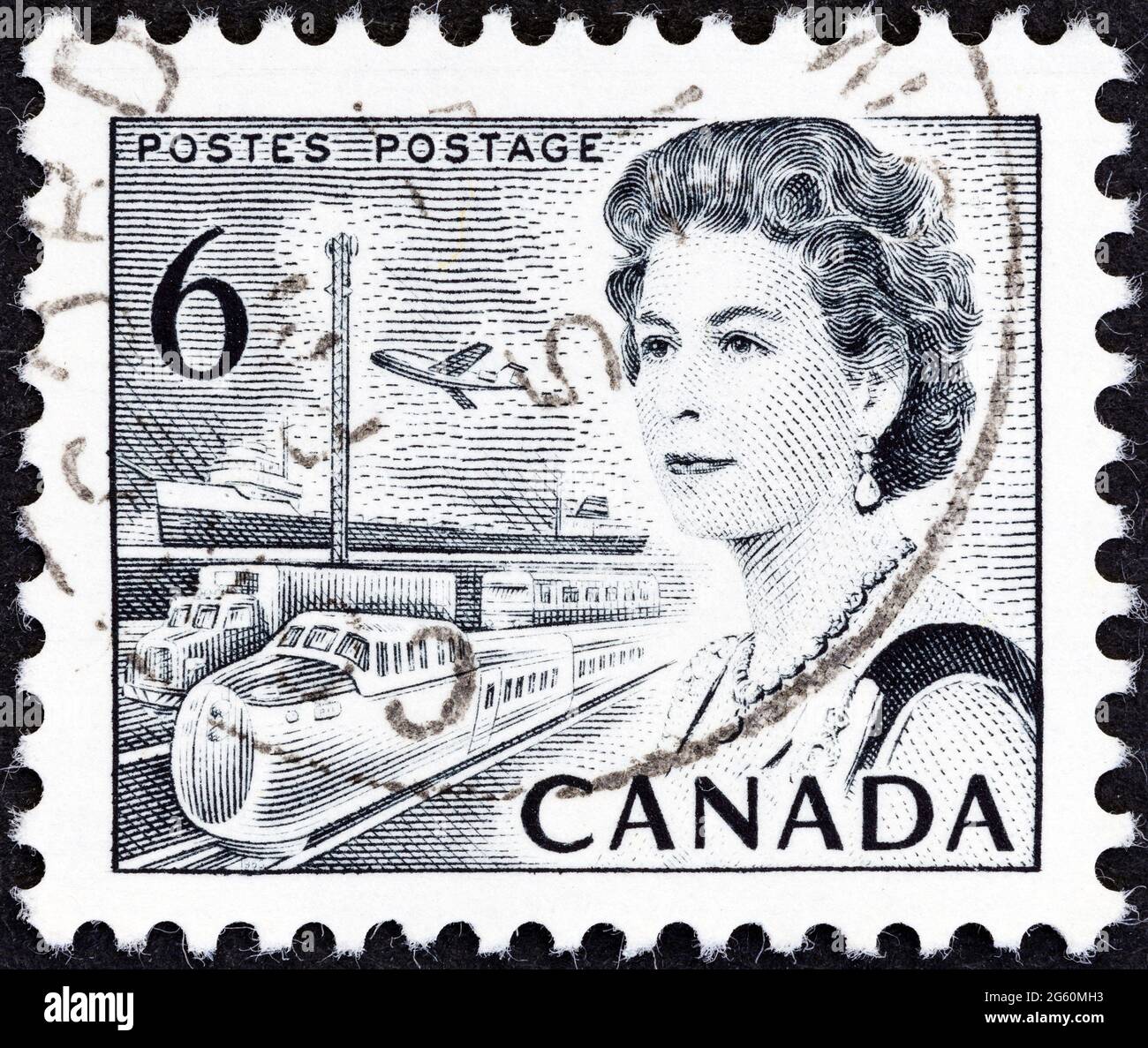 CANADA - CIRCA 1967: A stamp printed in Canada shows Queen Elizabeth II and transportation, circa 1967. Stock Photo