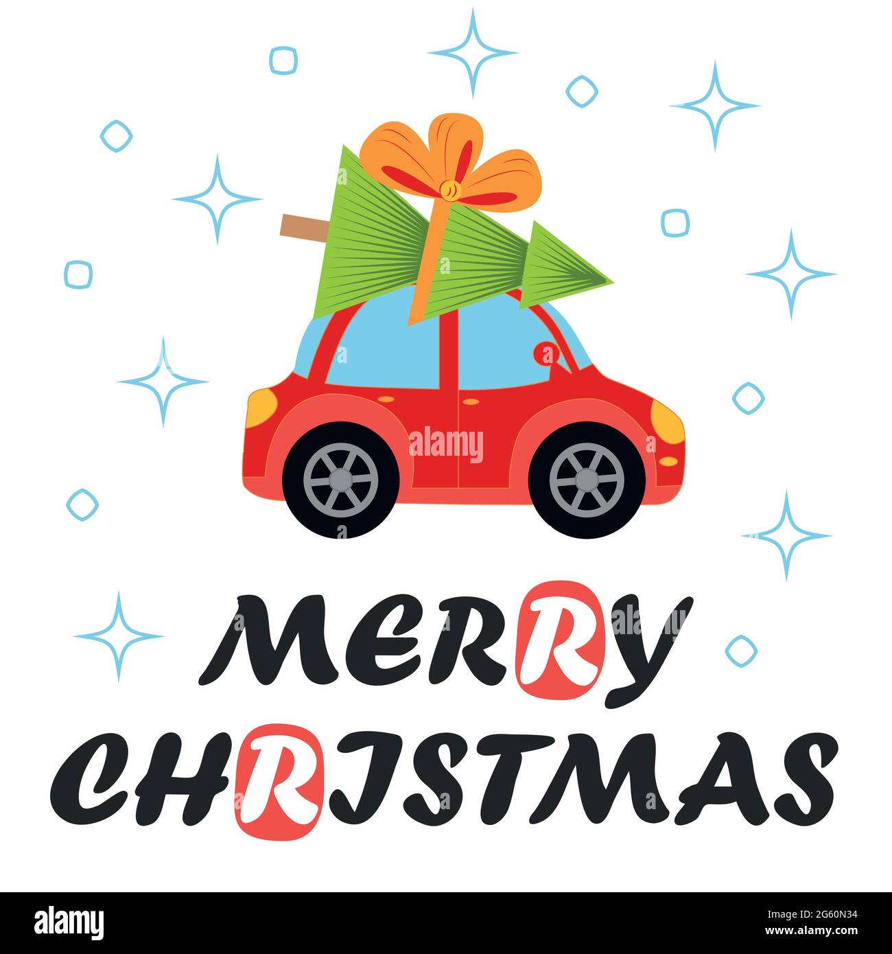 Merry christmas and happy new year illustrations. Greeting card with red retro car with christmas tree Stock Vector