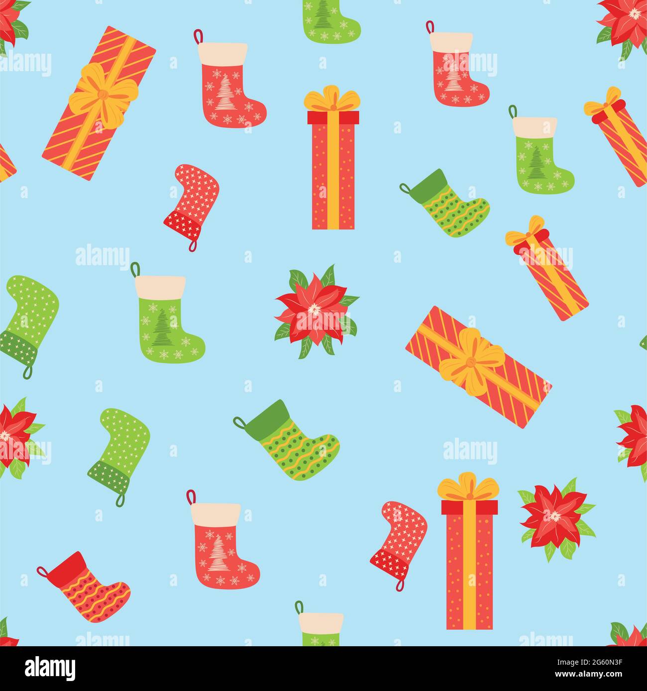 Seamless pattern with Christmas gifts, poinsettia and red, green stocking. Christmas packaging Stock Vector