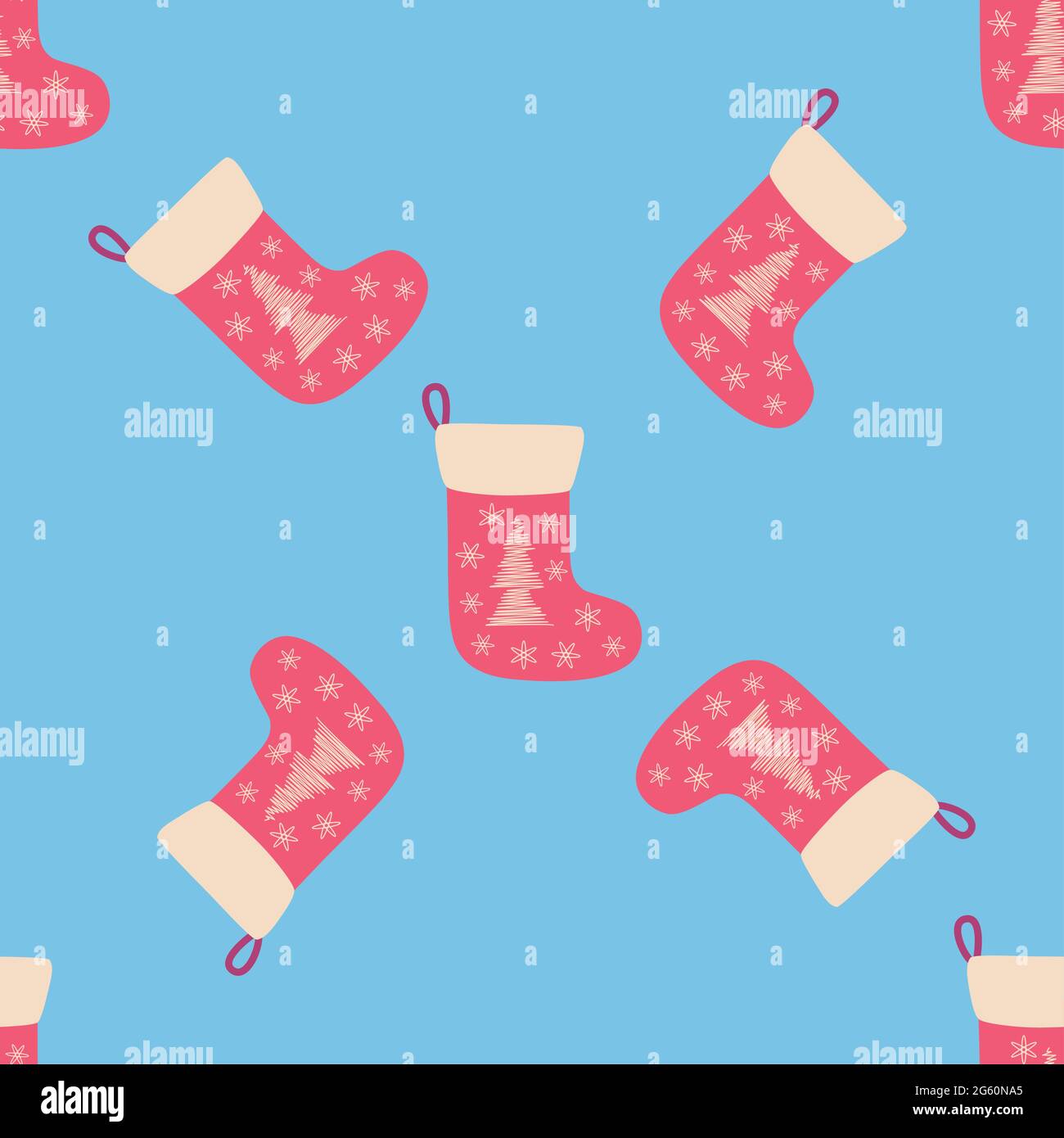 New Year s seamless background with Christmas socks, candy, gifts and snowflakes Stock Vector