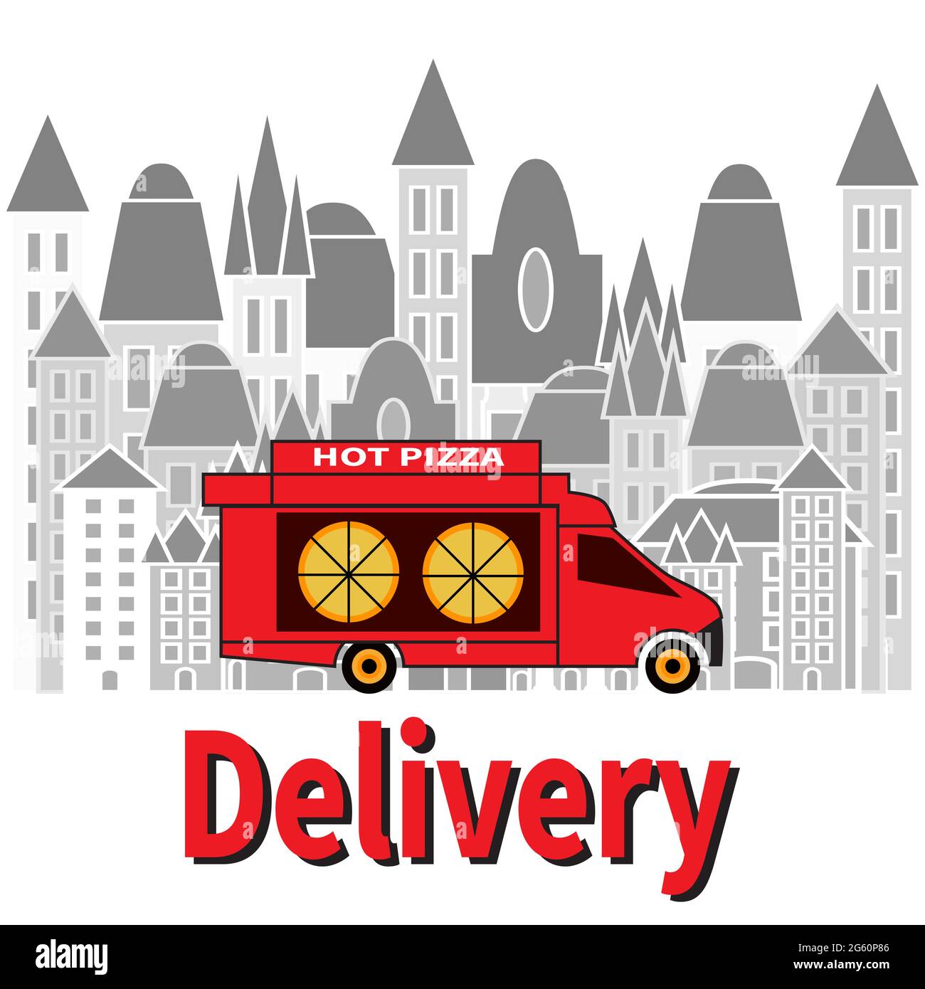 Red pizza truck. Urban panorama background. Wagon delivery service. Sunshade above shop window. Vector flat design for advertisement, festival, menu Stock Vector