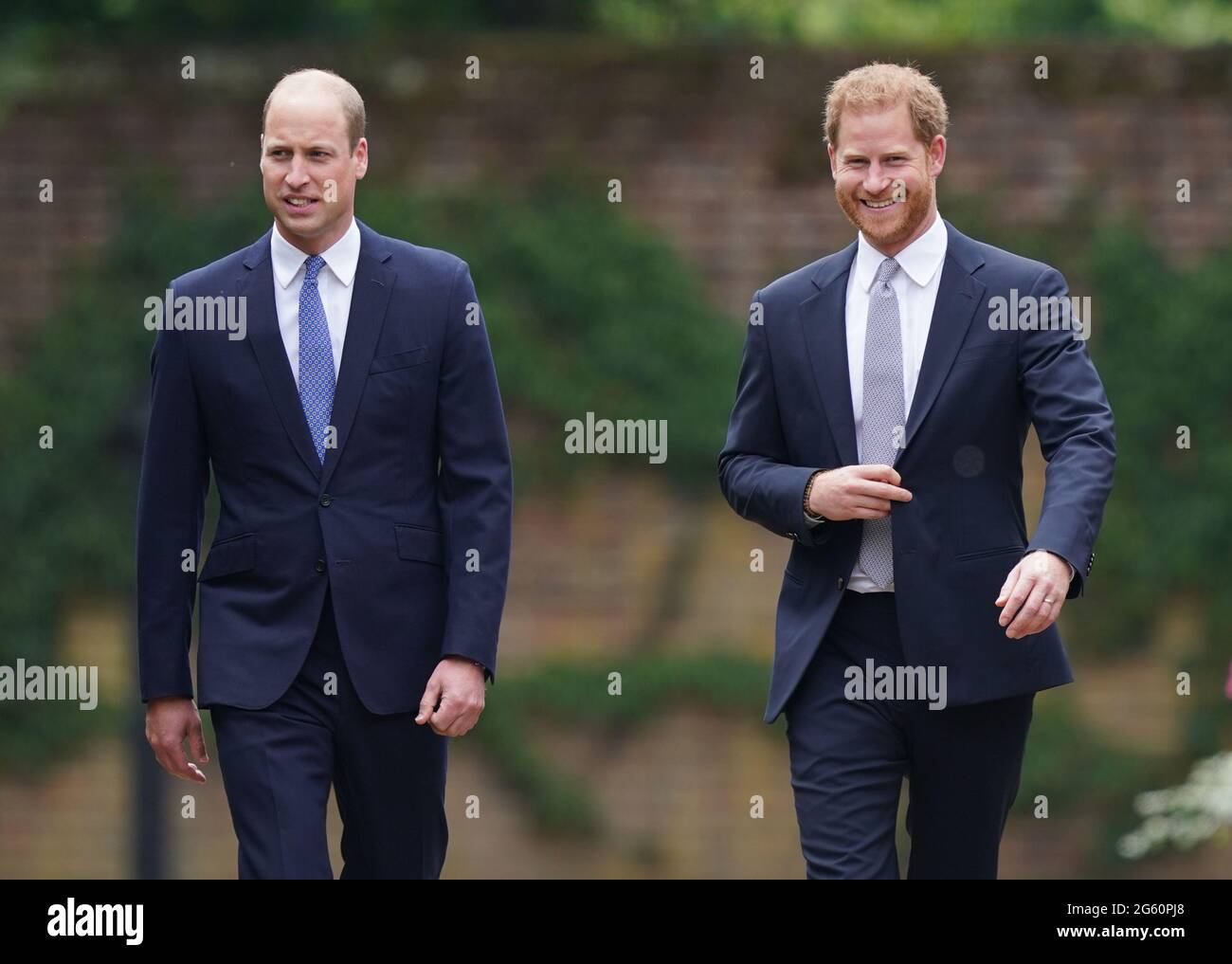 The Duke of Cambridge and Duke of Sussex arrive for the unveiling of a statue they commissioned of their mother Diana, Princess of Wales in the Sunken Garden at Kensington Palace, London, on what would have been her 60th birthday. Picture date: Thursday July 1, 2021. Stock Photo