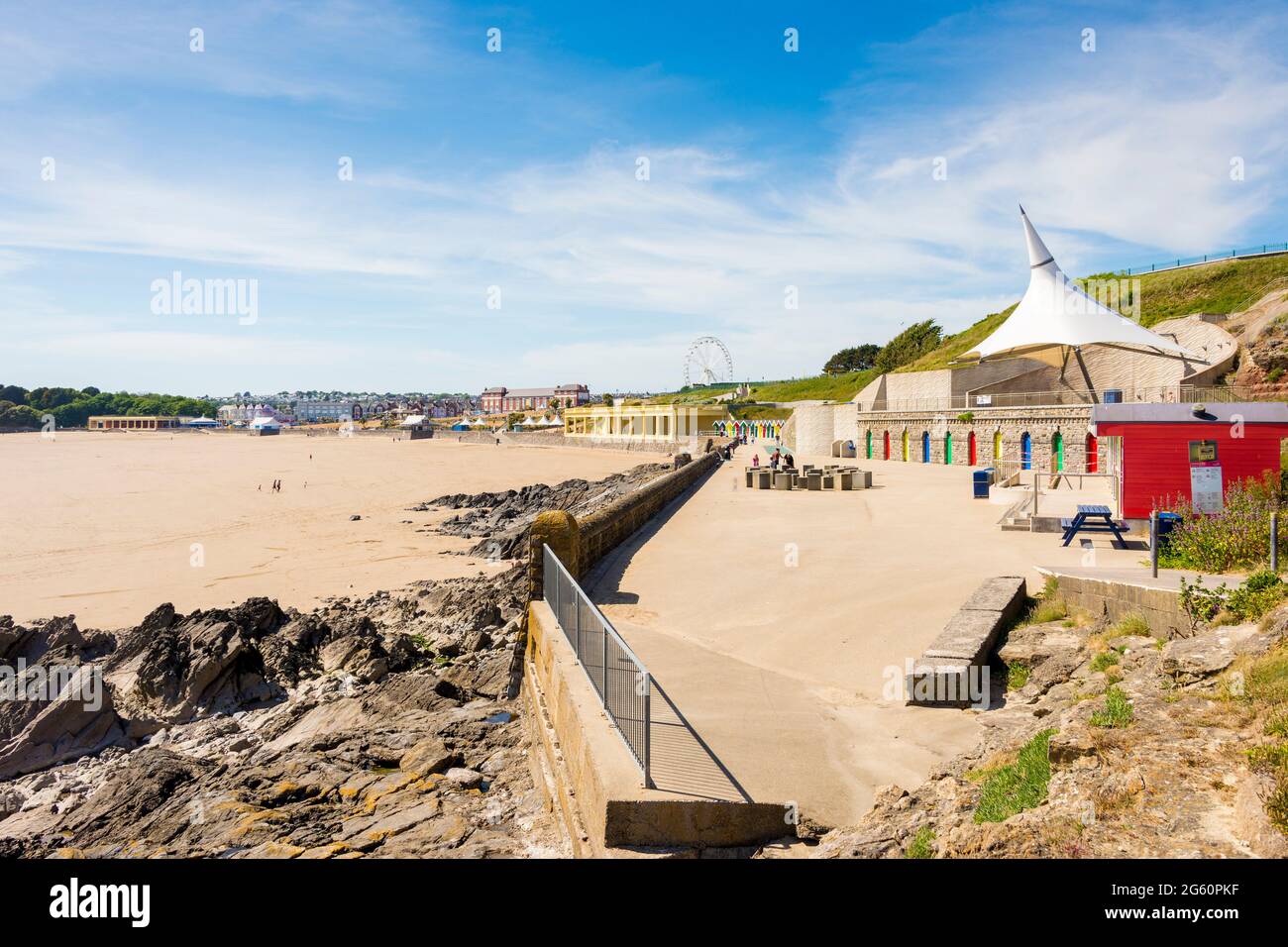 Due to the Covid-19 lockdown there are no crowds  on the beach or promenade at Barry Island despite it being a sunny spring bank holiday. Stock Photo