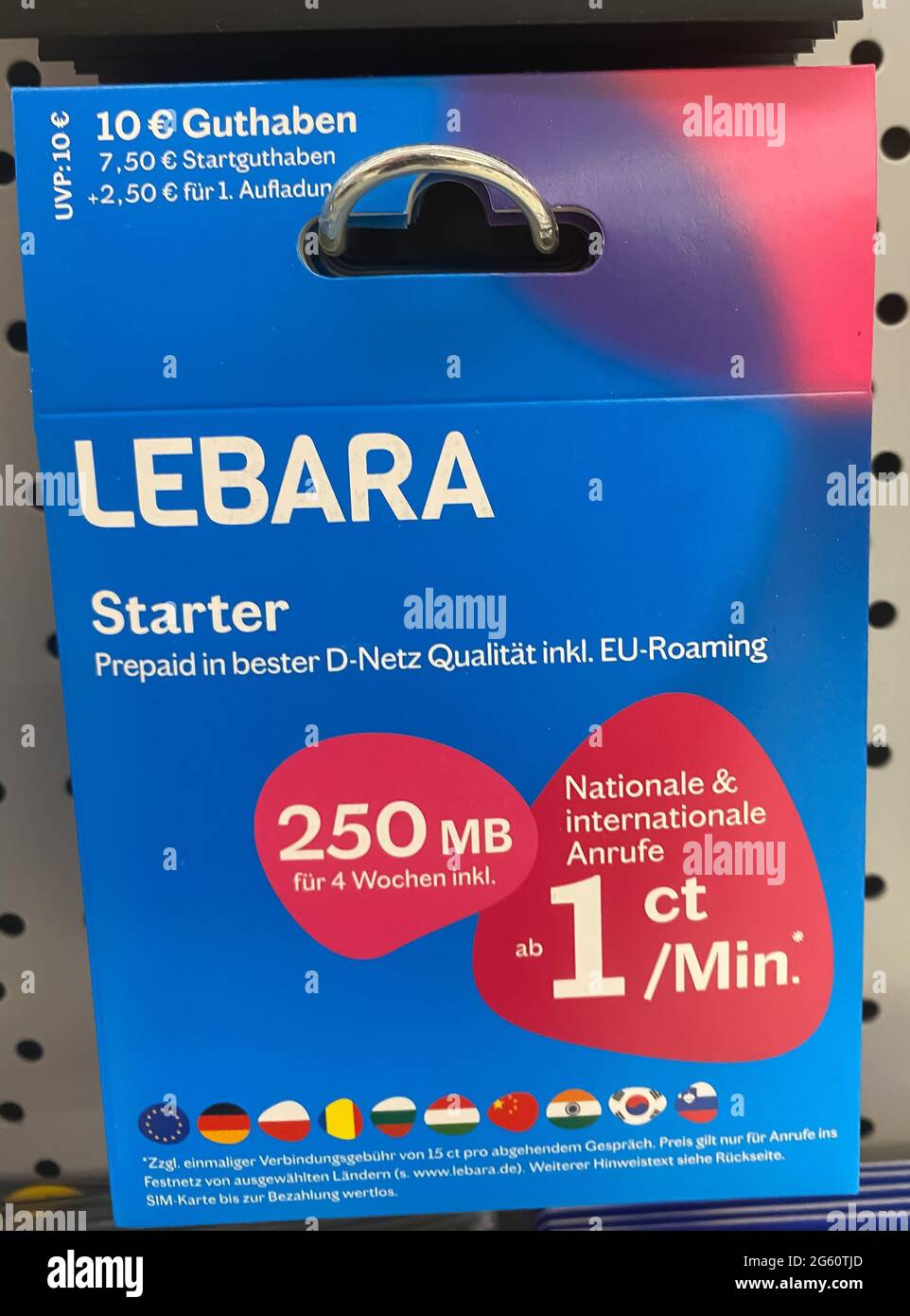 Viersen, Germany - June 9. 2021: Closeup of lebara prepaid phone card in shelf of german supermarket Stock Photo