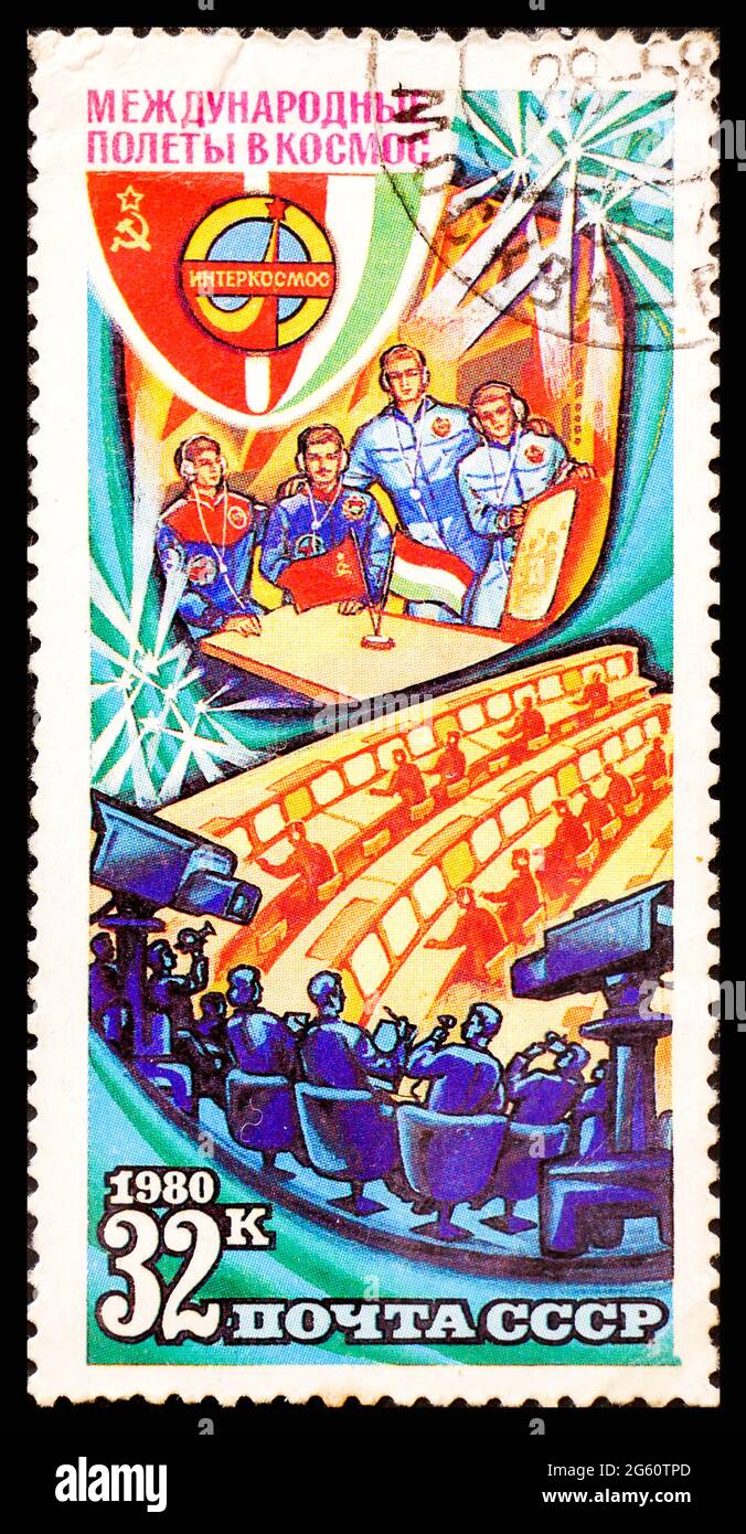 RUSSIA, USSR - CIRCA 1980: A postage stamp from USSR showing Interkosmos International Space Flight Stock Photo