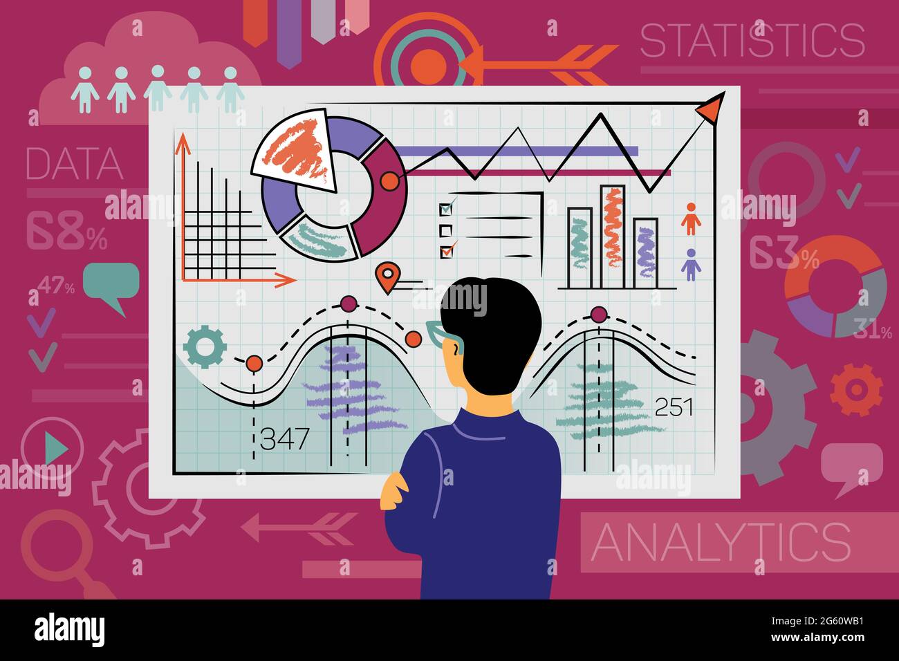 Sales analytics illustration. Office manager and computational data analysis, income statistics, business. Web page cover, banner, template. Stock Photo