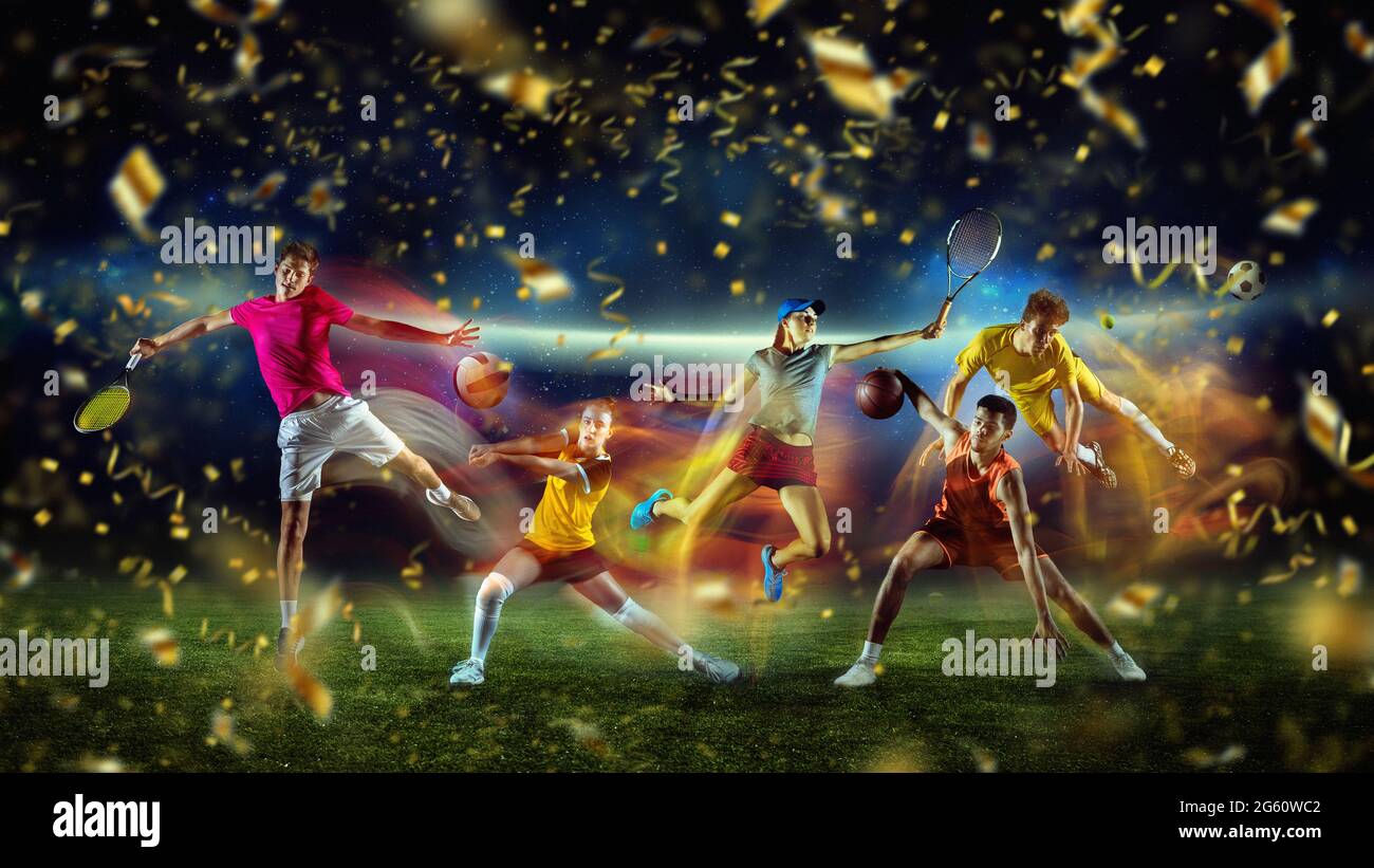 Sportsmen in action. Collage. Volleyball, basketball, tennis, soccer