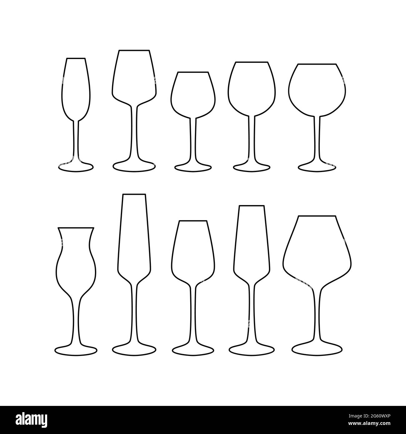 Vector set of wine glasses in different shapes. Line art glasses collection Stock Vector