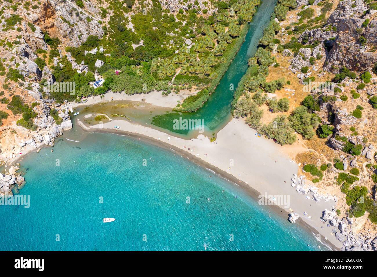 Preveli beach at Libyan sea, river and palm forest, southern Crete , Greece Stock Photo