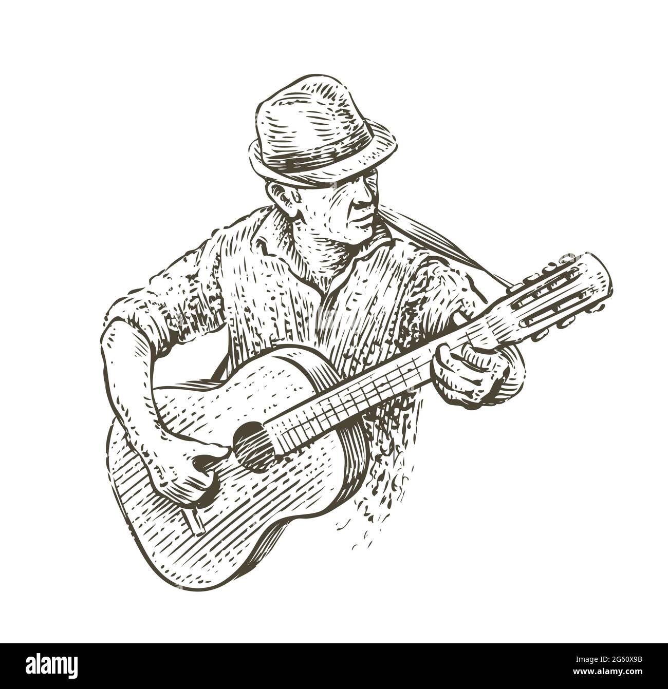 Man in hat playing guitar. Country music sketch in vintage style Stock Vector