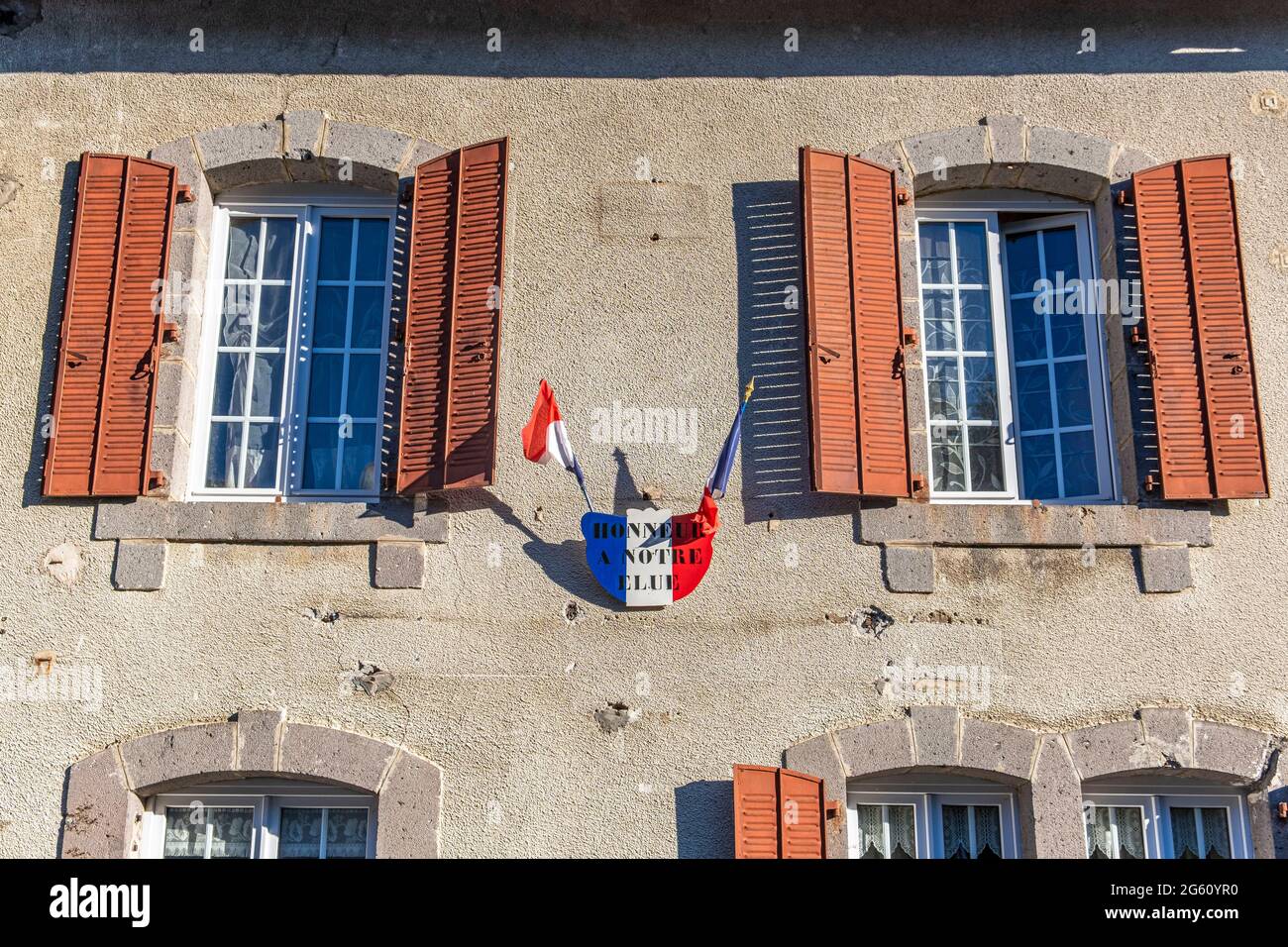 France, Cantal, Montboudif, birthplace of President Georges Pompidou, traditional ornament on the facade of the house of an elected official, regional natural park volcanoes of Auvergne (Parc naturel régional des Volcans d'Auvergne) Stock Photo