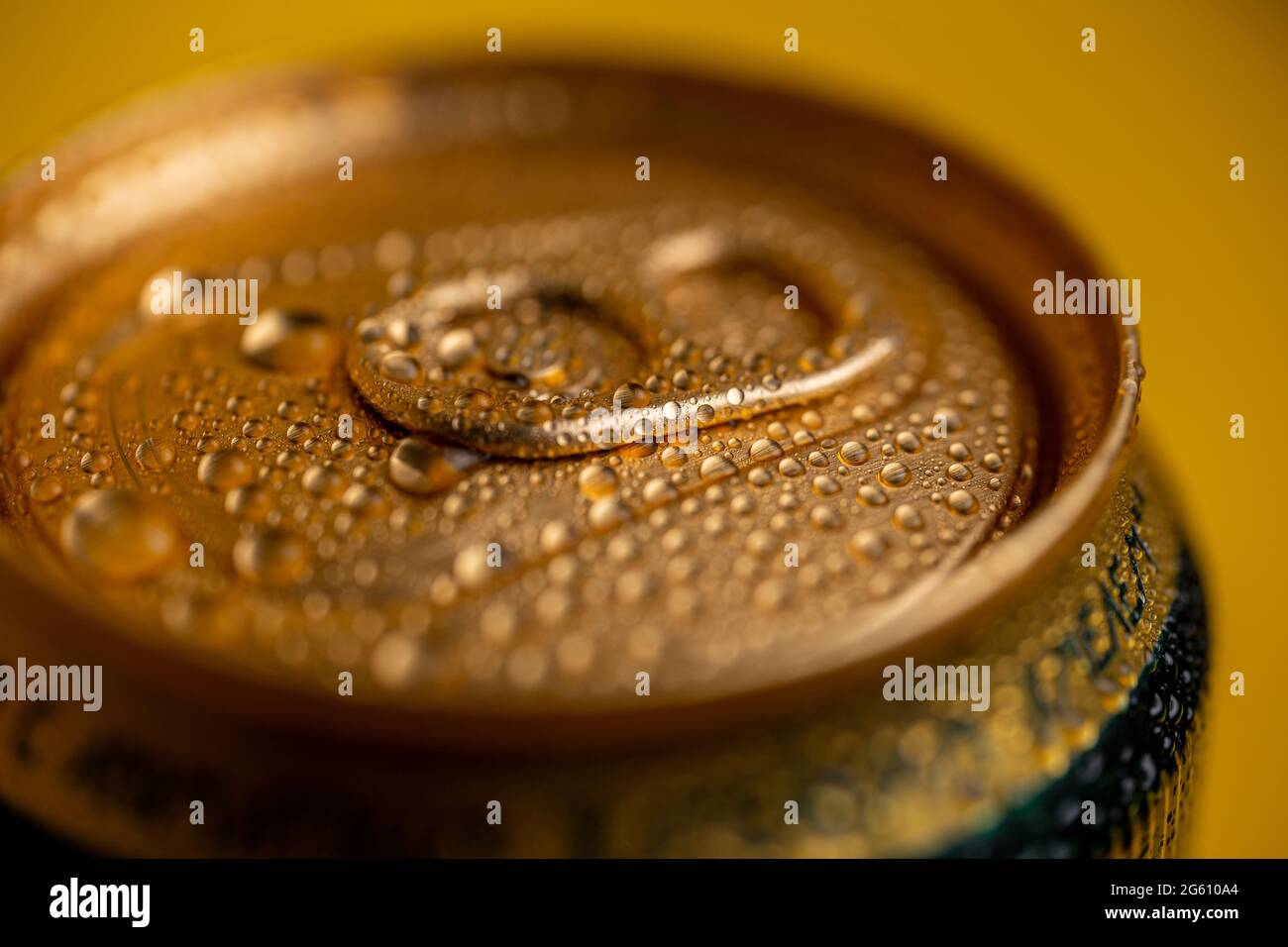cold metal soda can with condensation drops Stock Photo