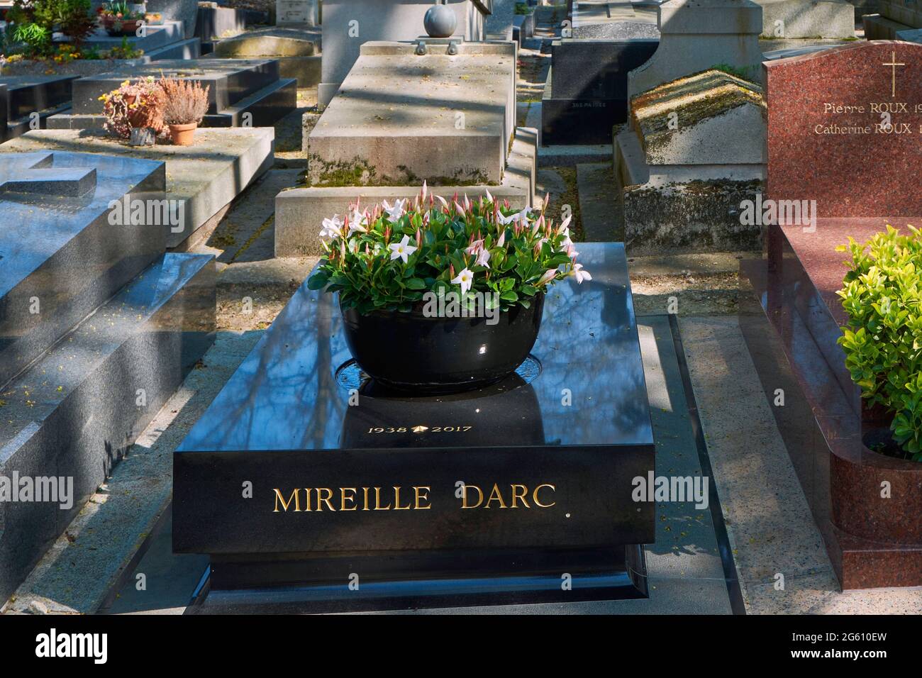France, Paris, the cemetery of Montparnasse, the tomb of Mireille Darc born Mireille Aigroz, french actress Stock Photo
