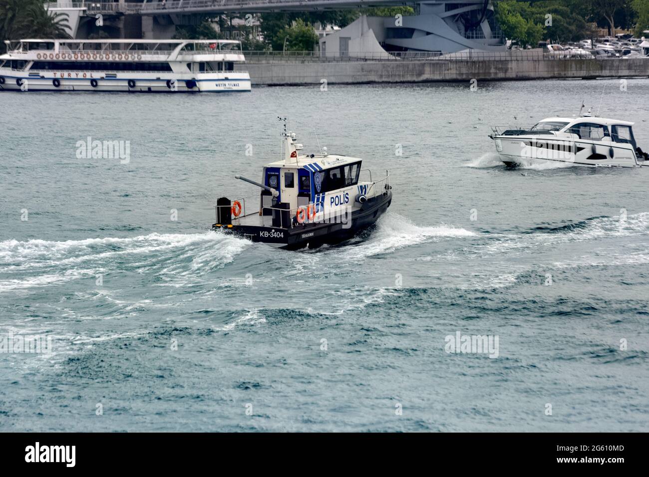 Turkish Police motor boat in Istanbul sailing through Halic. Galata ...