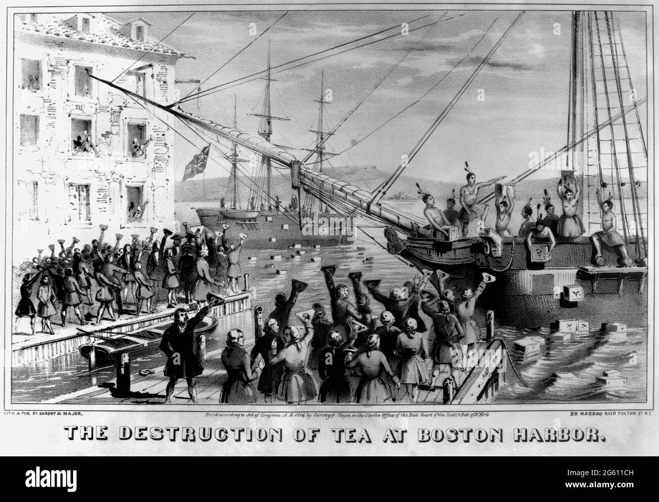 BOSTON, MASSACHUSETTS, USA - 16 December 1773 - Etching of citizens destroying tea by the Sons of Liberty in Boston Harbor in 1773 in protest at the 1 Stock Photo