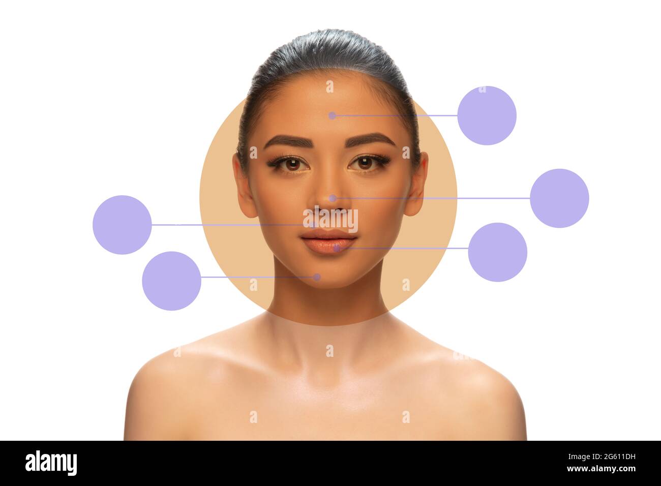 Female face with dotted area under eyes and near mouth. Plastic surgery