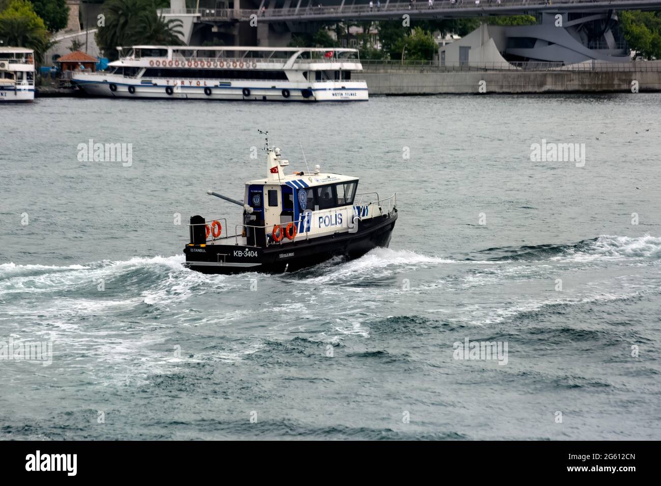 Turkish Police motor boat in Istanbul sailing through Halic. Galata ...