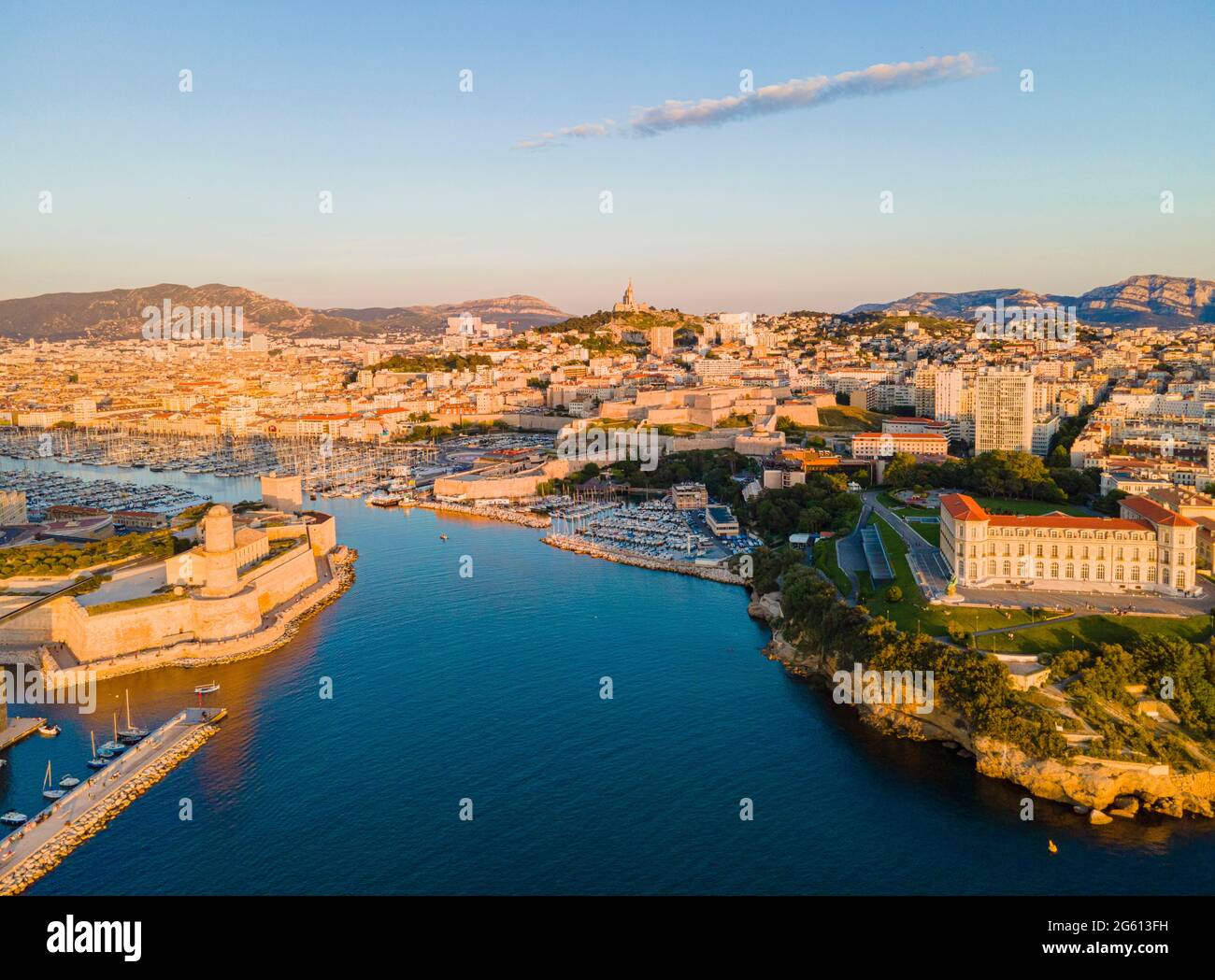 France, Bouches du Rhone, Marseille, general view of the Old Port, with the Fort Saint Jean and the Pharo palace (aerial view) Stock Photo
