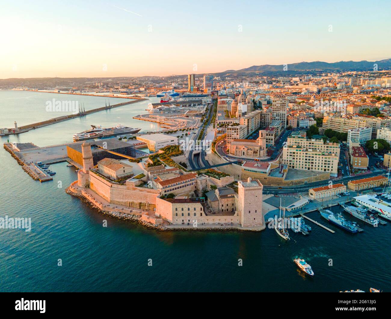 France, Bouches du Rhone, Marseille, Zone Euromediterranee, Esplanade J4, MuCEM, the Mediterranean villa Fort Saint Jean (aerial view) Stock Photo