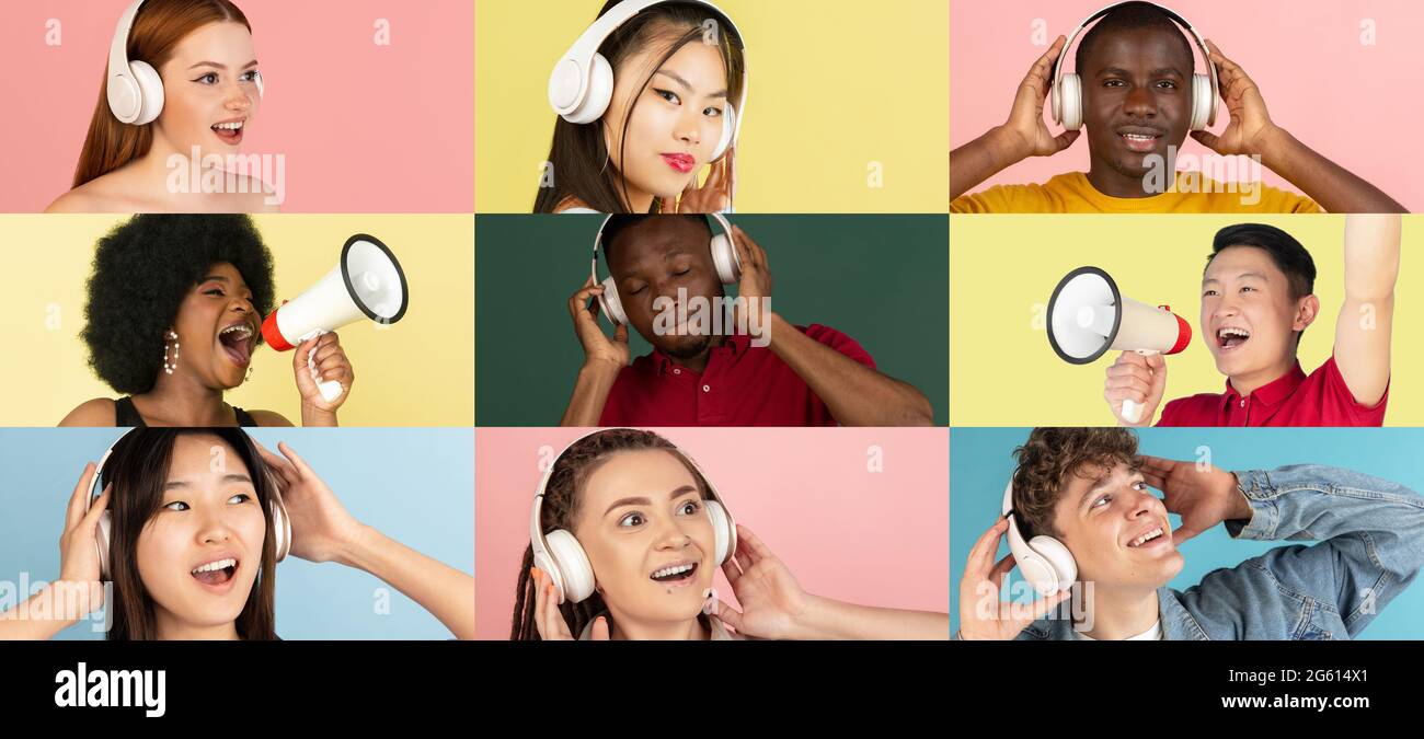 Portraits of different models on multicolored background. Flyer, collage made of models. Concept of human emotions, facial expression, sales Stock Photo