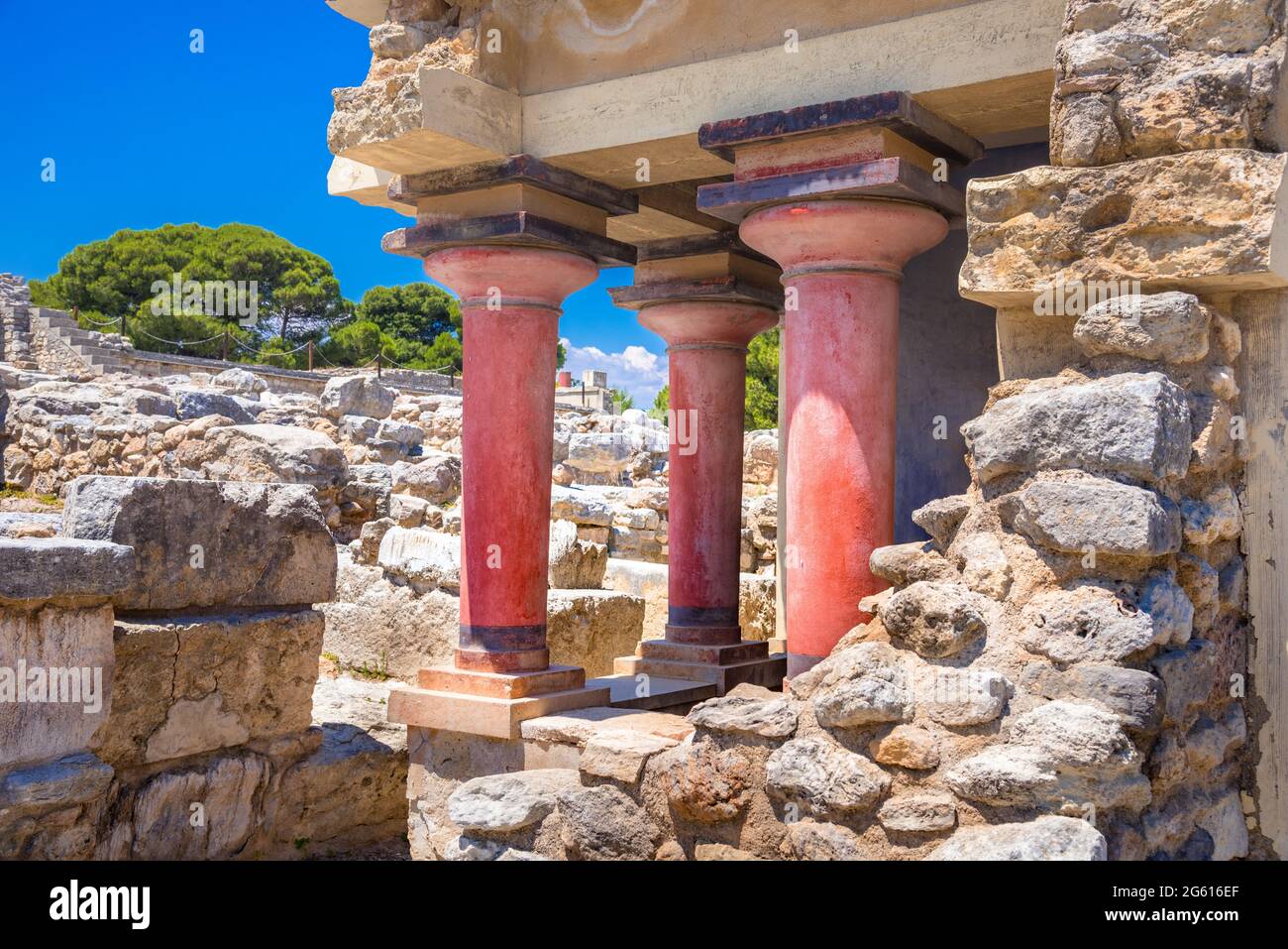 Minoan Palace with charging bull fresco in Knossos at Crete, Greece Stock Photo