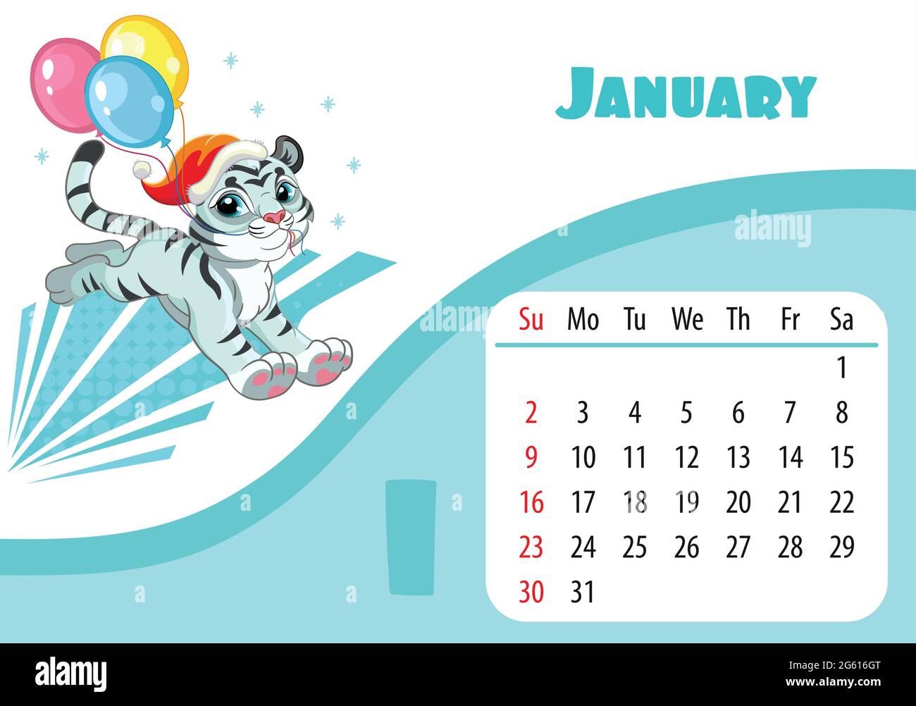 Horizontal desktop childrens calendar design for January 2022, the year of the Tiger in the Chinese calendar. Cute running white tiger character with Stock Vector