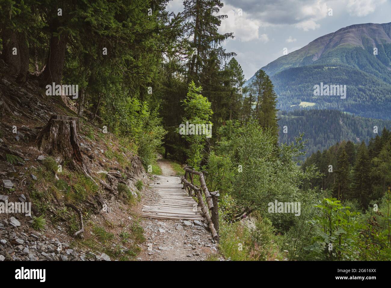 Hiking trail near Lax with view of Breithorn Stock Photo