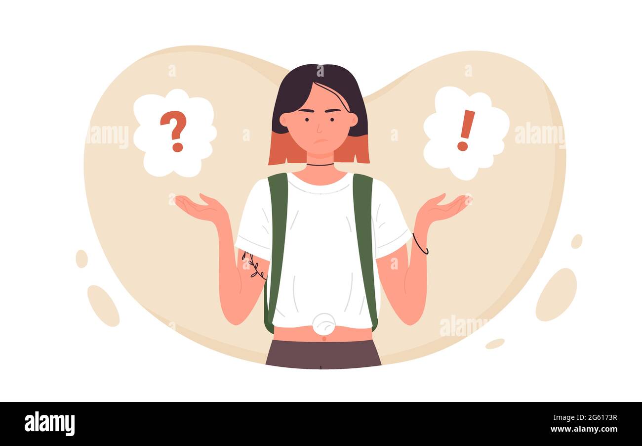 Girl asking question, dilemma concept vector illustration. Cartoon young female character making choice, solving problem, teen standing near question and exclamation mark in clouds isolated on white Stock Vector