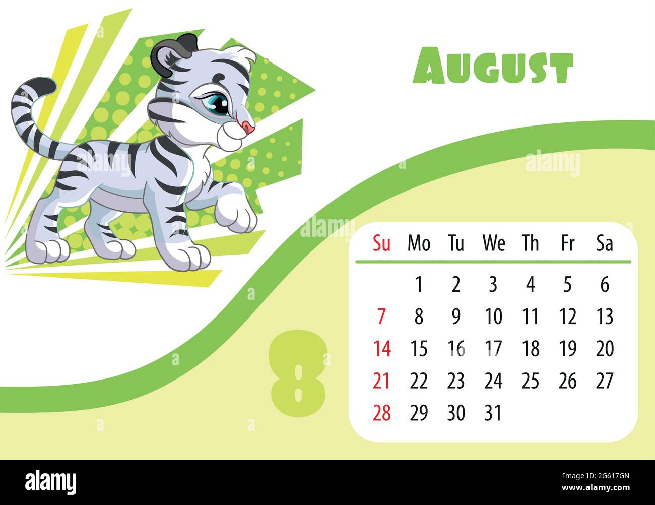 Horizontal desktop childrens calendar design for August 2022, the year of the Tiger in the Chinese calendar. Cute cartoon white tiger cub character. V Stock Vector