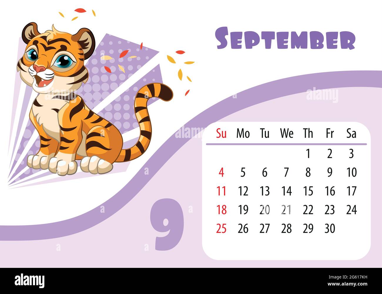 Horizontal desktop childrens calendar design for September 2022, the year of the Tiger in the Chinese calendar. Cute sitting tiger cub character with Stock Vector