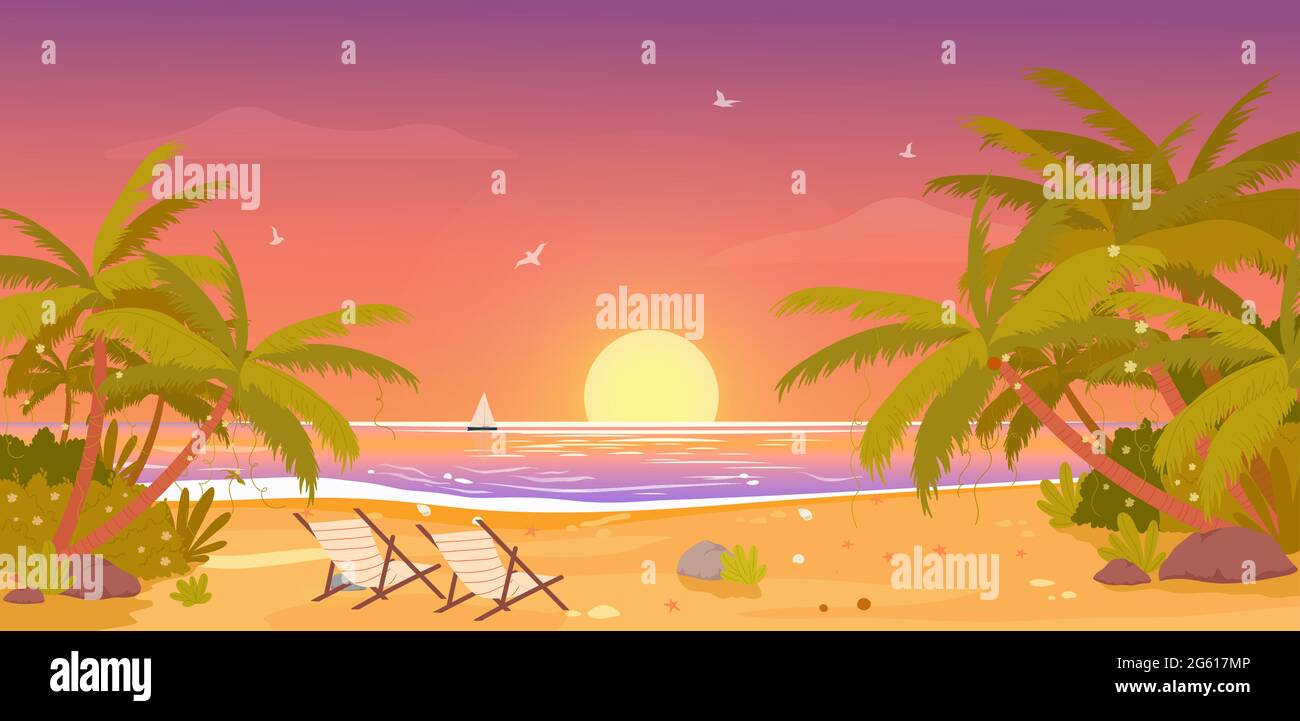 Sunset on tropical beach, tropic paradise vacation landscape vector illustration. Cartoon palm trees, resort lounges on sand, setting sun on on water waves in summertime beachside scenery background Stock Vector