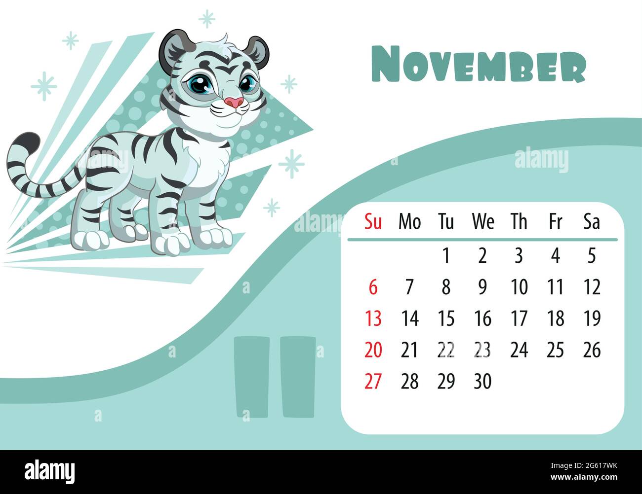 Horizontal desktop childrens calendar design for november 2022, the year of the Tiger in the Chinese calendar. Cute standing tiger character with snow Stock Vector