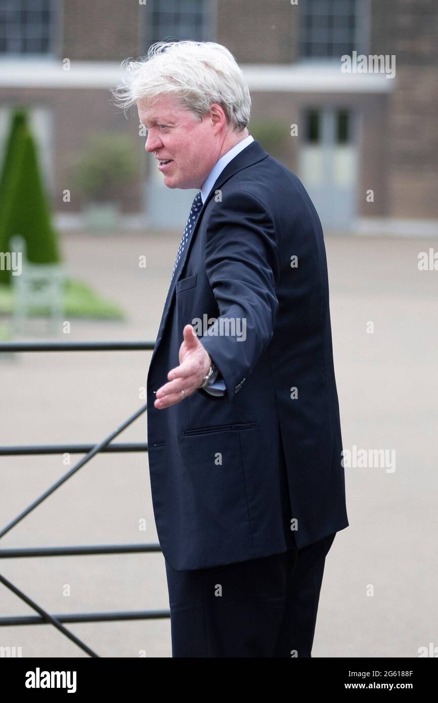 Earl Spencer the brother princess of Wales arrives for the unveiling of her memorial statue that’s being unveiled by William and Harry at Kensington P Stock Photo