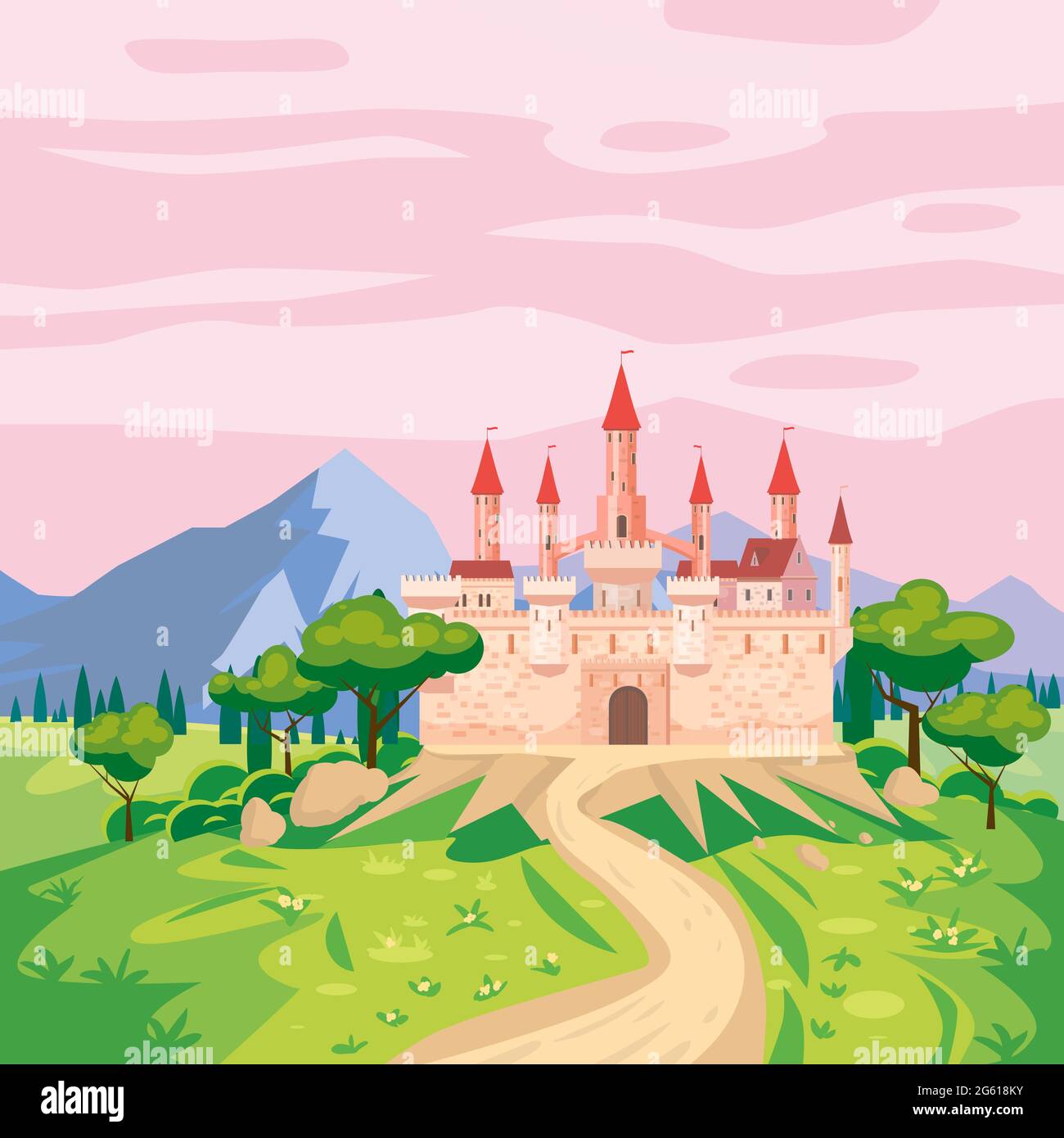 Fantasy landscape with Castle medieval Kingdom rural countryside. Fairytale background mountaines, trees, flora, field road to palace. Vector Stock Vector
